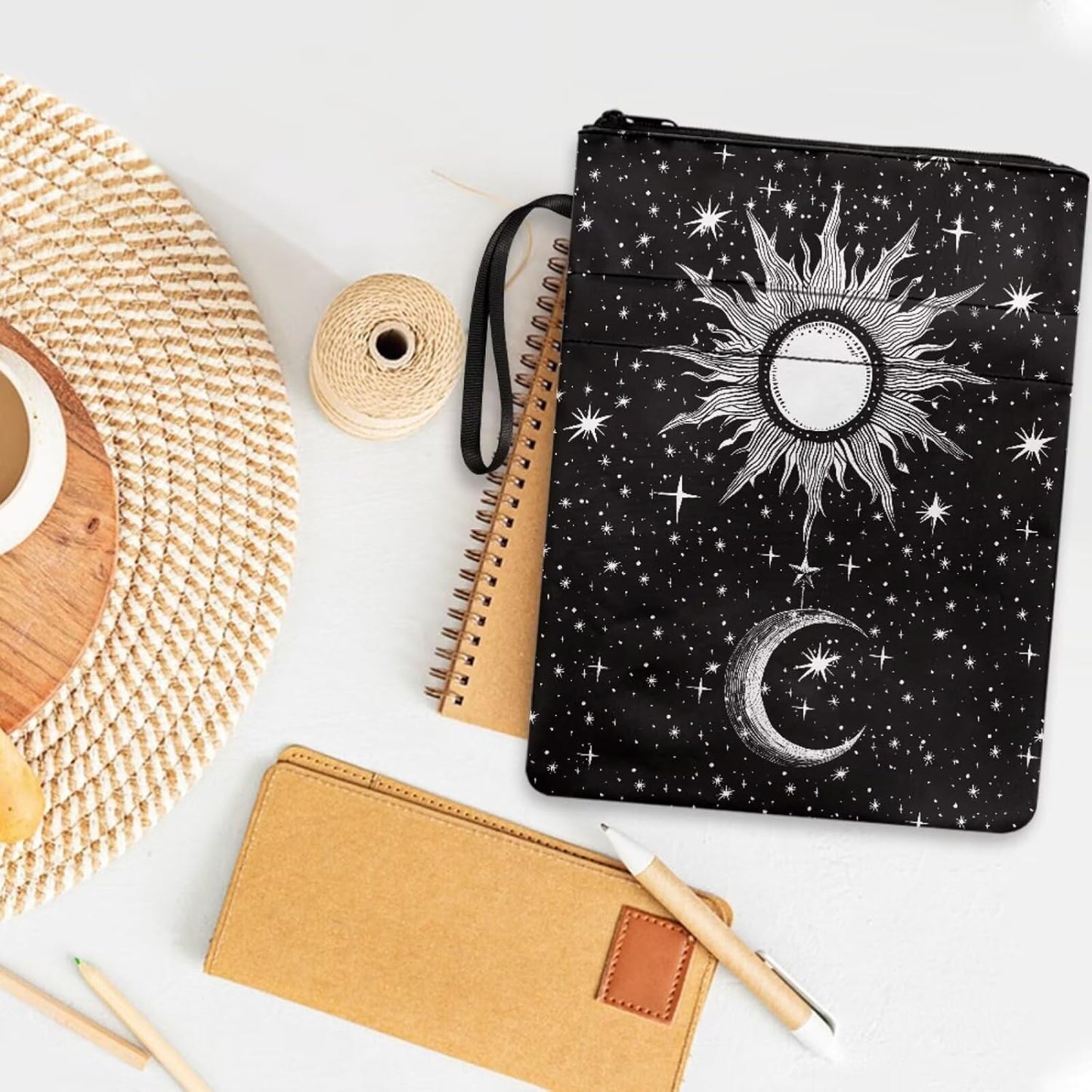 chaqlin Book Protector Sleeve for Book Lovers Gifts Moon & Sun Stars Washable Paperback Bookcover Pouch with Zipper and Front Pocket for Women Bookish Bookworm Library Reading Club