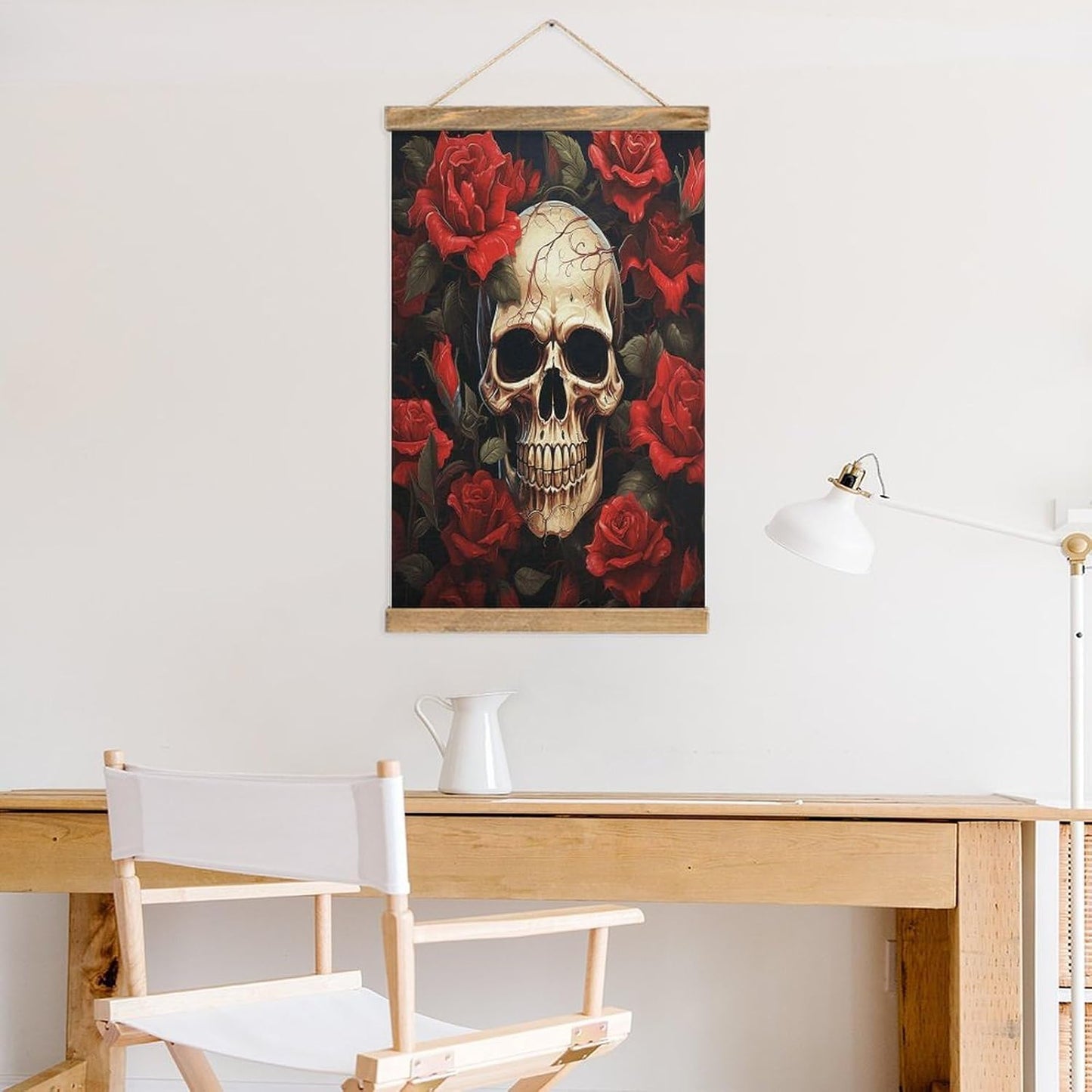 Vintage Skull Rose-Red Poster with Wooden Frame Personalized Linen Hanging Scroll Painting Rustic Wall Hanging Illustrative Modern Artwork Decor for Home Living Room Bedroom Office