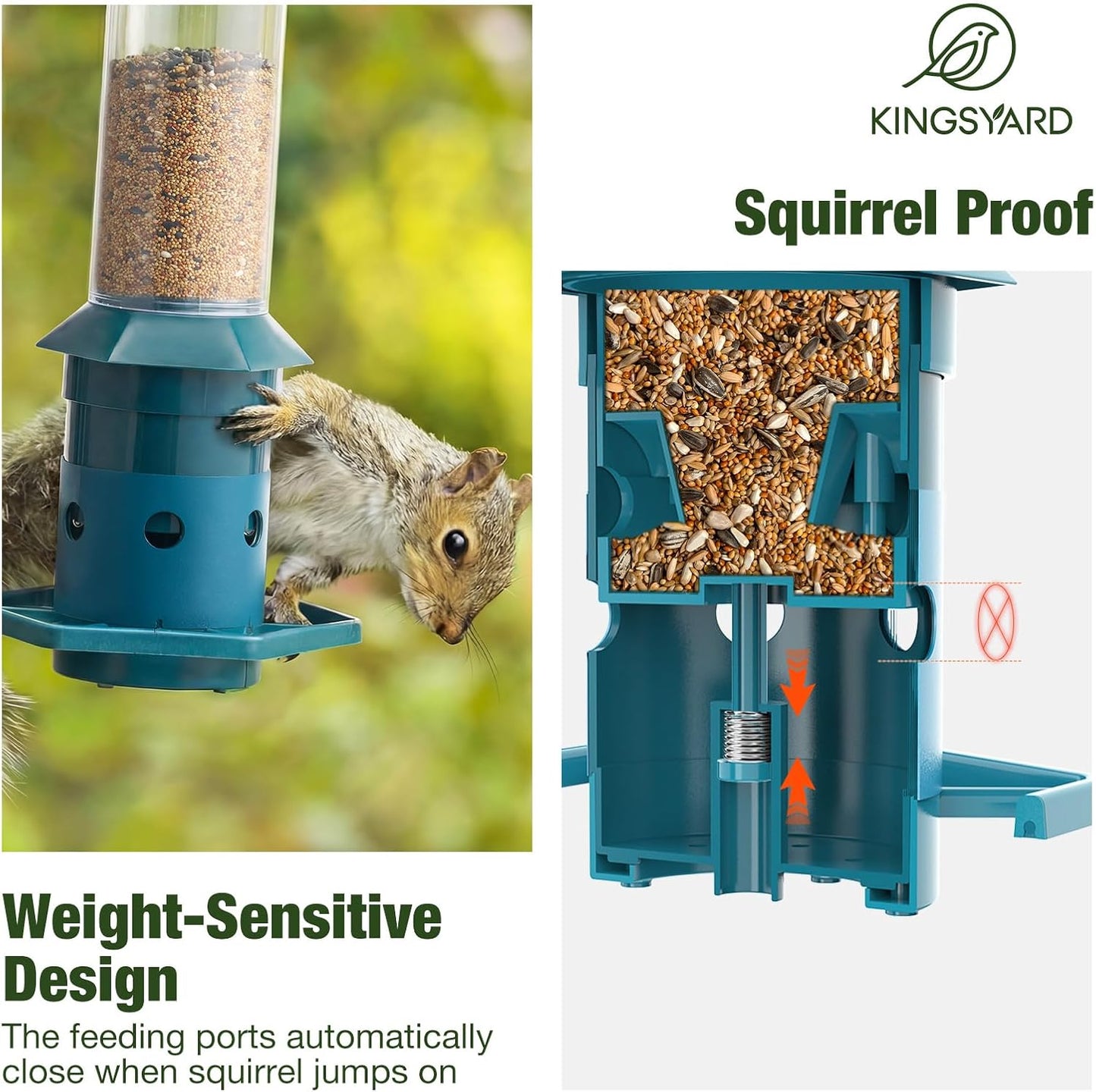 Kingsyard Squirrel-Proof Bird Feeder with Adjustable Weight-Activated Perch, Wild Bird Feeders for Outdoors Hanging, Weatherproof & 4 lb Large Seed Capacity, Dark Green