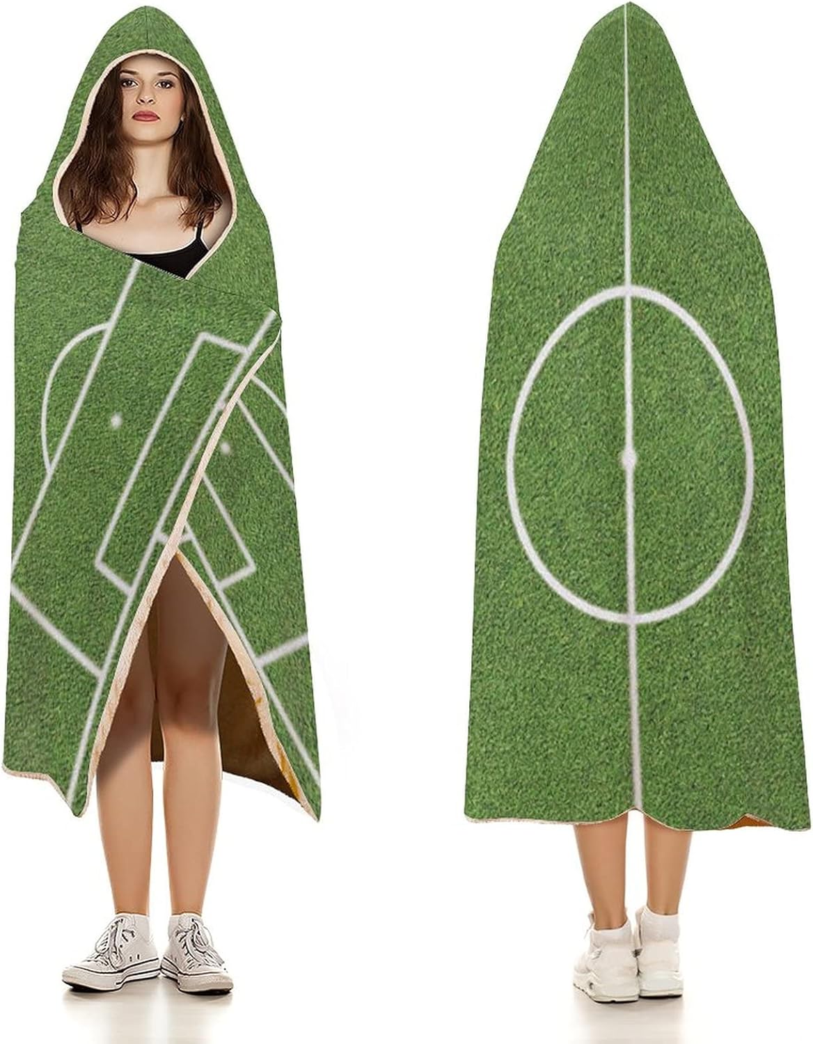 Throw Blankets, Teen Room Women Men Hooded Blanket, Soccer Field Grass Motif Stadium Sports Area, Soft Warm Cozy, 60 x 80inches, Studying Reading Snuggling Napping Office, Fern Green White