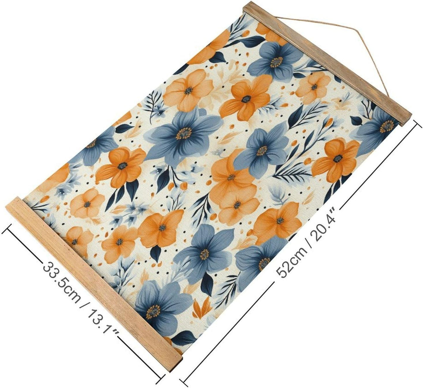 Vintage Blue And Orange Flowers on White Background Poster with Wooden Frame Personalized Linen Hanging Scroll Painting Rustic Wall Hanging Illustrative Modern Artwork Decor for Home Living Room Bedro