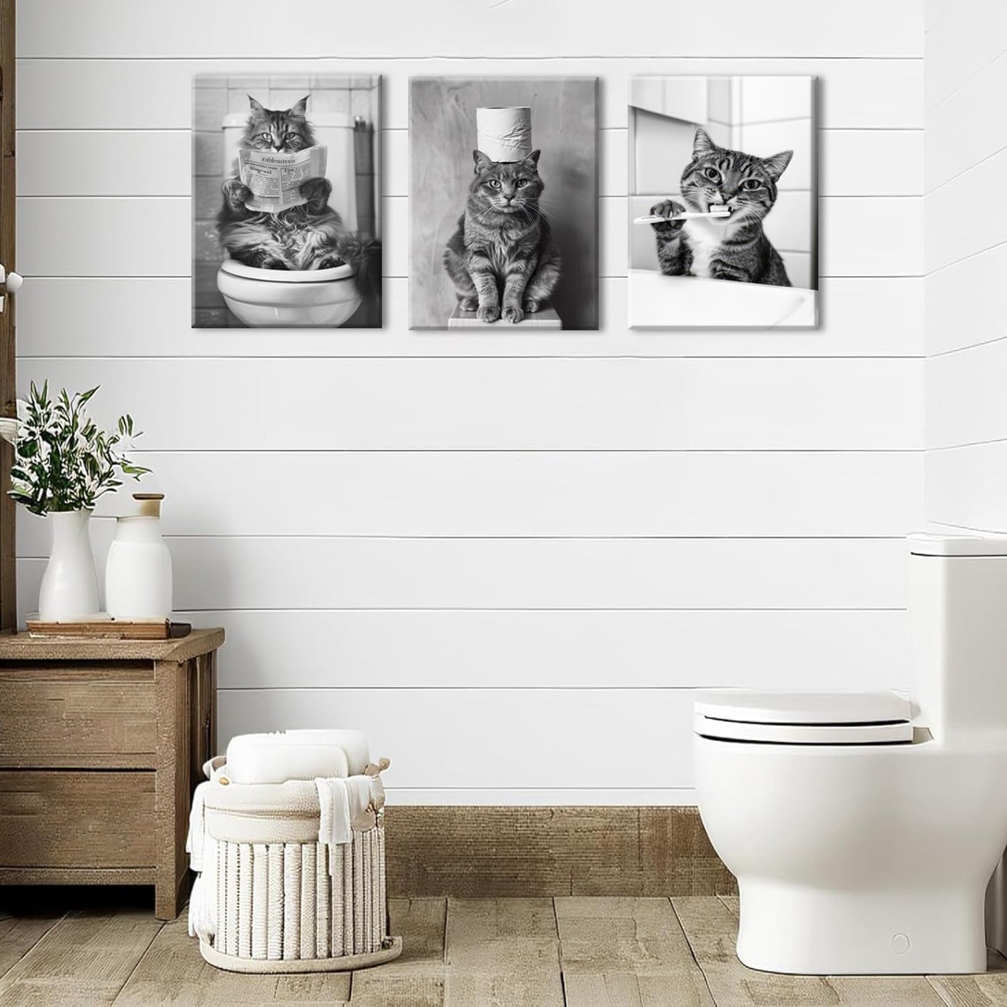 Framed Funny Black and White Cat Bathroom Wall Art Set of 3, Cute Cat on Toilet Pictures Wall Decor Paintings, Humor Animal Toilet Signs Canvas Prints for Bathroom Restroom 16x24 inch