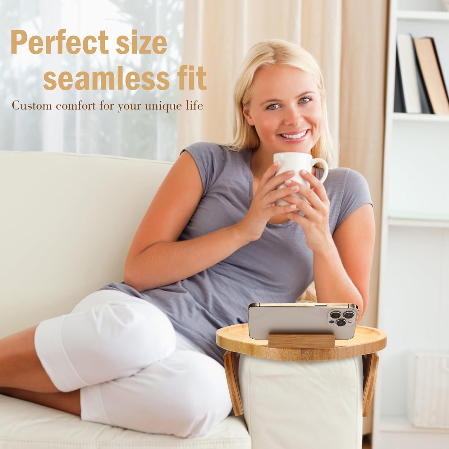 Couch Arm Tray Table, Bamboo Clip-on Couch Arm Tray with 360° Phone Holder, Foldable Sofa Armrest Table for Eating, Drink, Snacks, Coffee, TV, Remotes