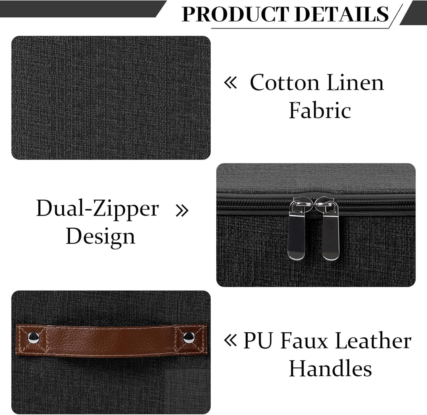 Lucky Monet 3PCS Storage Bins with Zipper Lids 17.7"x13.8" x10" Foldable Lidded Fabric Storage Boxes Cotton Linen Closet Shelf Clothes Organizer with Handles & Label Pocket (Black, Extra Large)