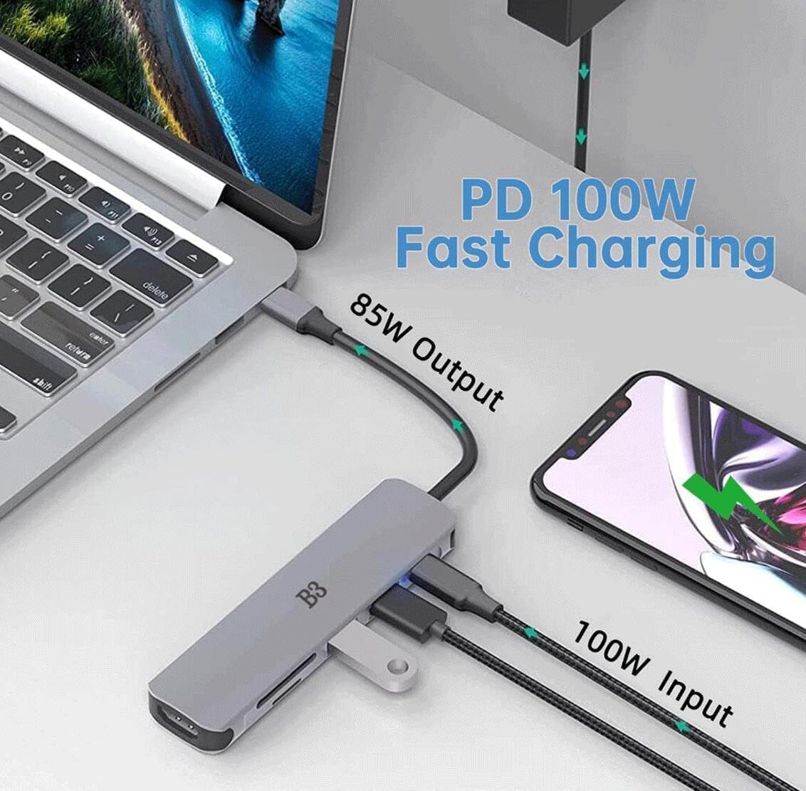USB C Hub 6-in-1 Multi-Port Adapter with 4K@60Hz HDMI, 100W PD, 2 USB A Data Ports, and SD/TF Card Reader – Aluminum Type-C Hub for MacBook Air/Pro M1/M2, iPhone 17 Pro Max, Surface Go, XPS, iPad