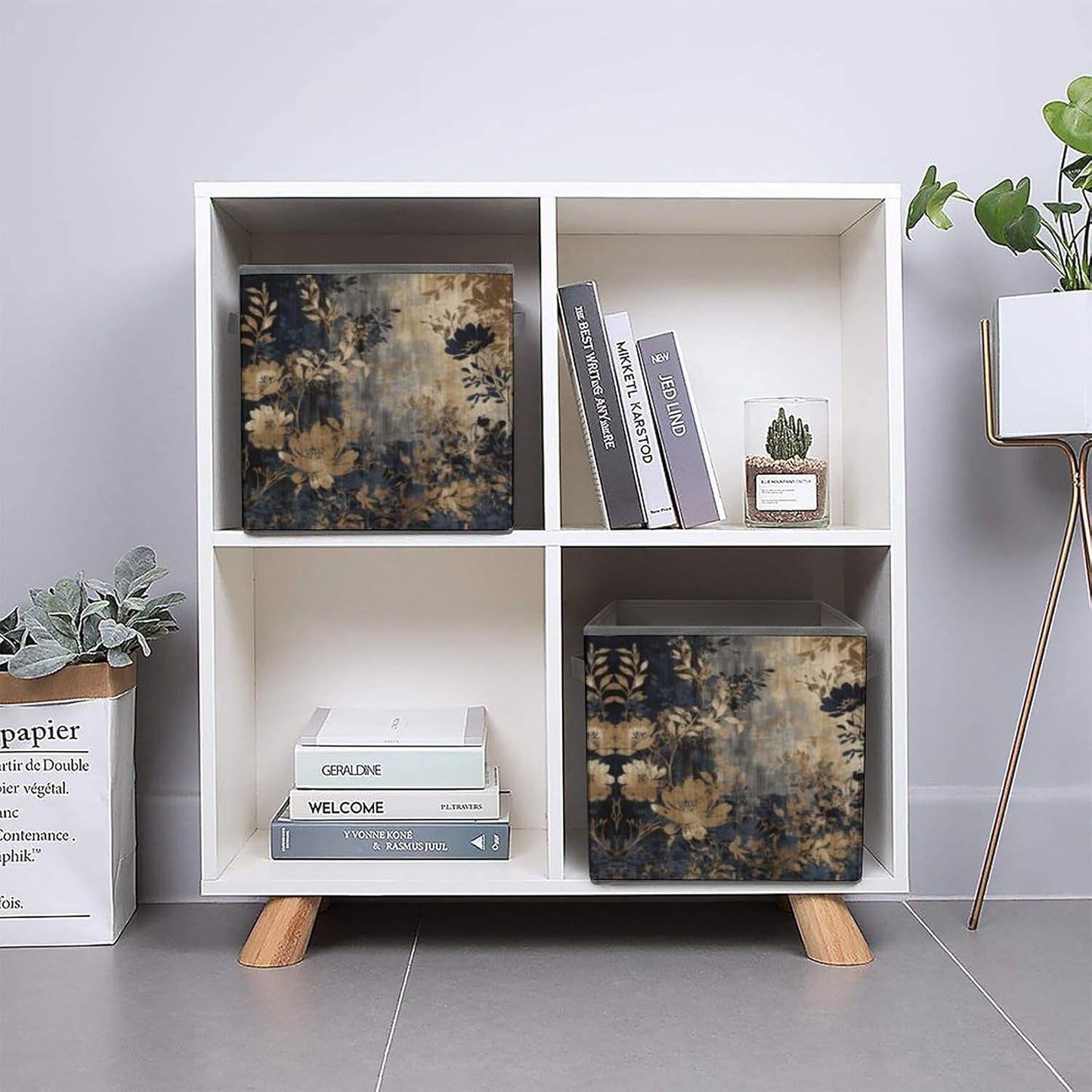 Gold And Black Flowers Storage Bins with Handles Fashion Large Storage Cubes Sturdy Foldable Storage Boxes Space-Saving Storage Baskets for Home Office Clothes Closet Organizers