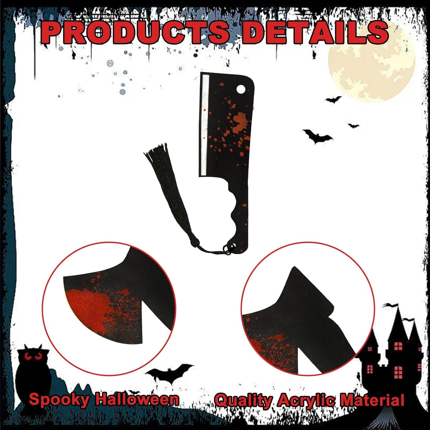 6Pcs Horror Novelty Bookmark Set, Fake Knife Shapes with Blood Stain Gothic Book Accessories Dark Romance Acrylic Page Holders with Black Tassels Halloween Craft