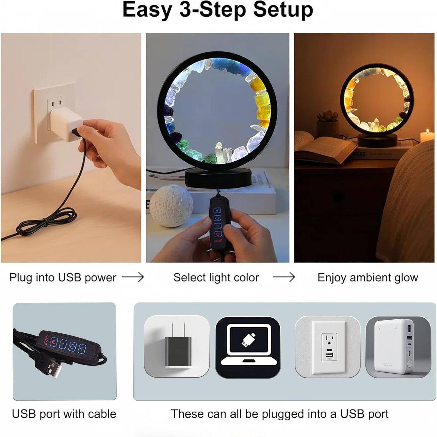 AMOYSTONE Natural Chakra Crystal Night Light with USB, Mixed Stones Round Meditation Lamp with 3-Color Control for Bedroom, Office & Home Decor (Push Button Switch)
