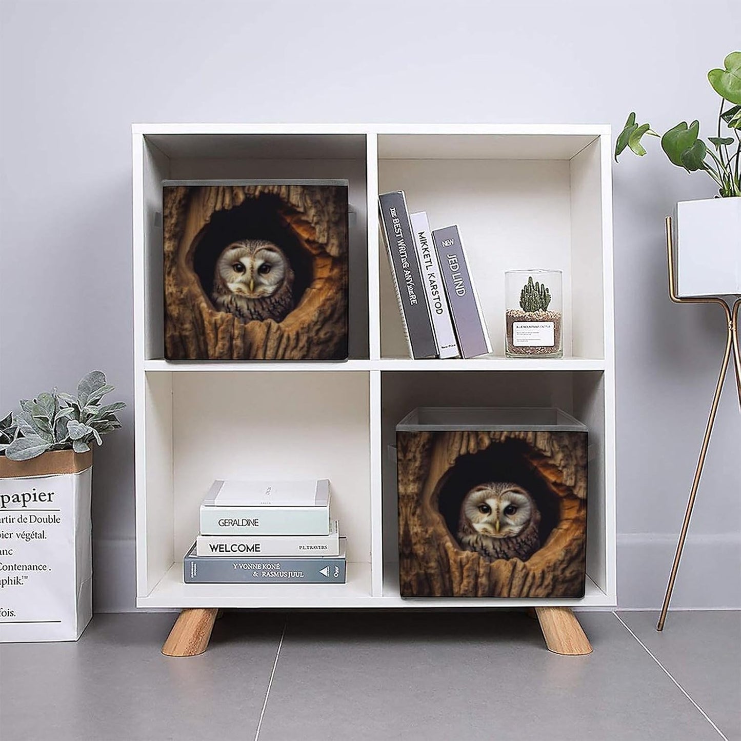 Owl Tree Hole Storage Bins with Handles Fashion Large Storage Cubes Sturdy Foldable Storage Boxes Space-Saving Storage Baskets for Home Office Clothes Closet Organizers