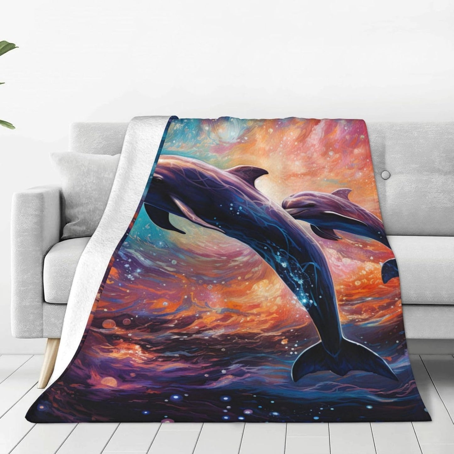 Dolphin Throw Blanket Cute Dolphin Blue Ocean Animal Themed Blanket for Kids Boys Girls Adult Room Decor Flannel Plush Ocean Dolphin Blankets Sofa Couch Living Room Bed Camping Travel 60"x50"