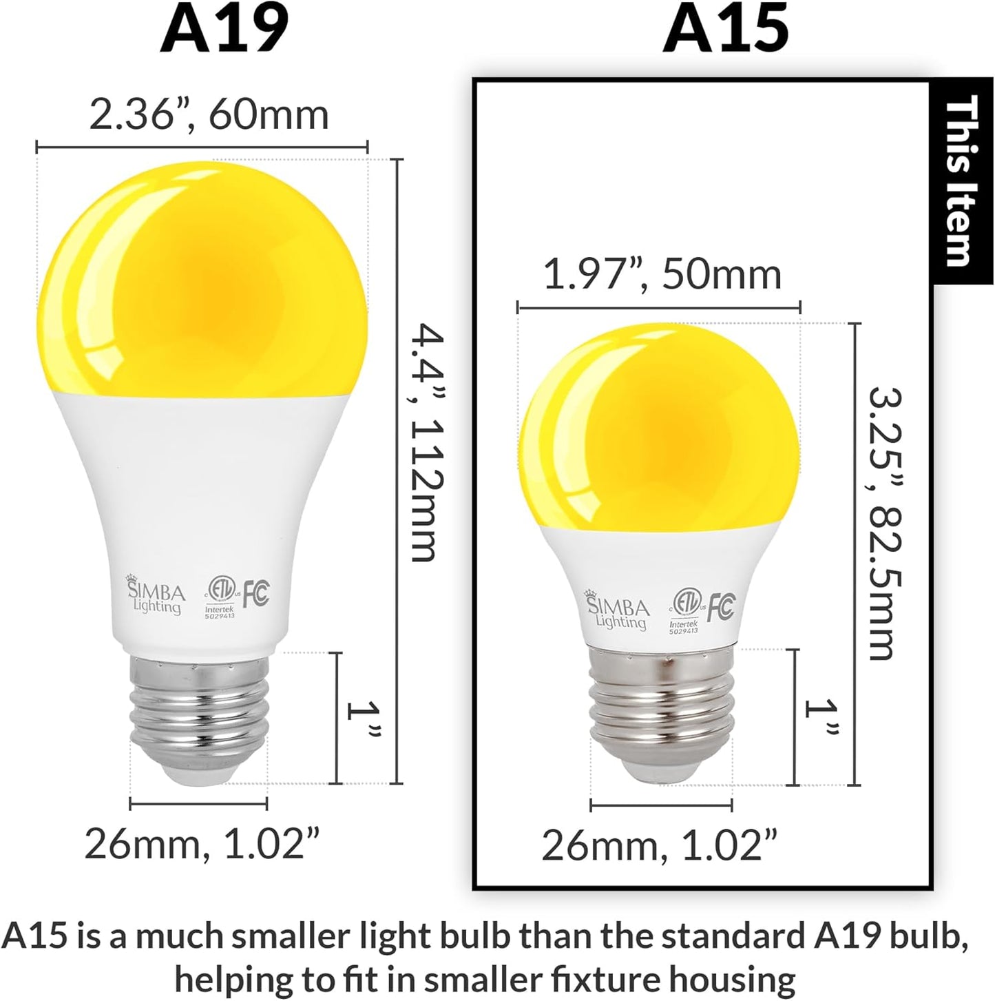 Simba Lighting LED Bug Non-Attracting Yellow Bulb ETL Listed 5W 40W Equivalent (4 Pack), Great for Outdoor Porch Light, Patio, Security, Night Light, Amber Warm Light, Compact A15 Shape E26 Base