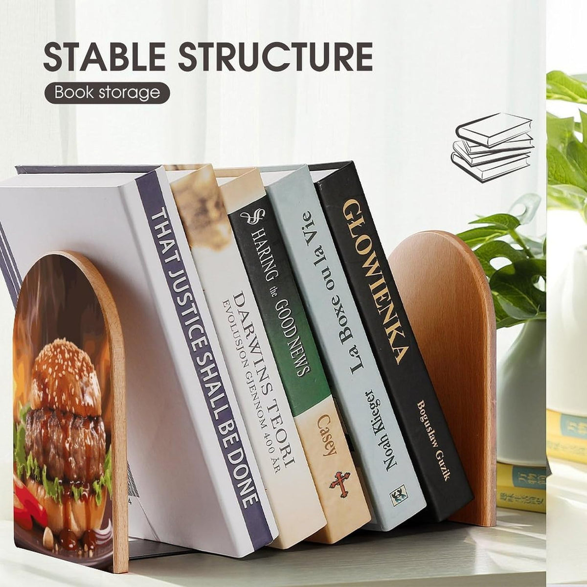 Non-Slip Bookend for Shelves Hamburger Steak Fast Food Wooden Bookends with Metal Base Decorative Book Stopper for Home Heavy Duty Wood Book Storage for Books/CDs
