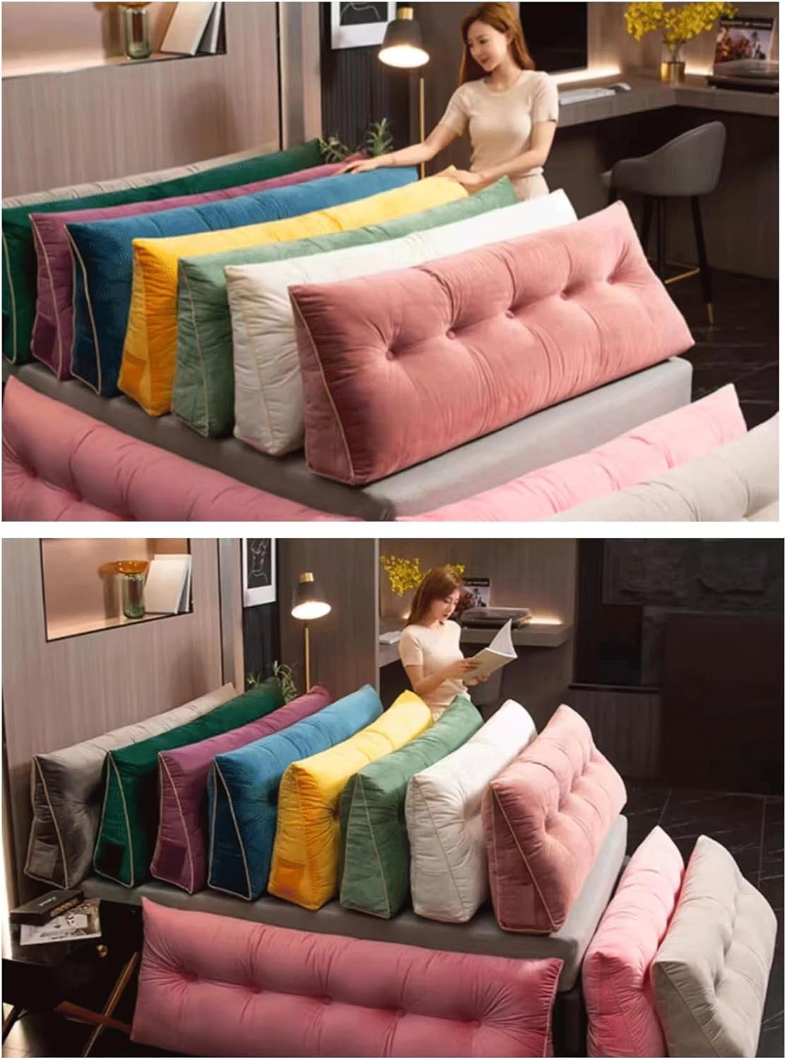 Triangular Headboard Pillow Wedge Reading Bed Rest Pillow Solid Color Backrest for Daybed Bunk Bed Positioning Support Cushion with Removable Cover(Size:150x50x20cm,Color:Bean)