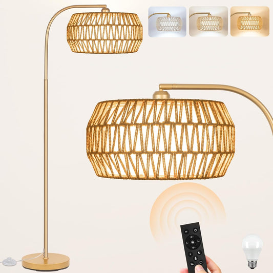 Boho Gold Floor Lamp- Rattan Lamp with Stepless Dimmable Bulb, Mid Century Modern Floor Lamp with 2 in 1 Lampshades, Bohemian Gold Tall Lamp for Living Room, Office, Classroom