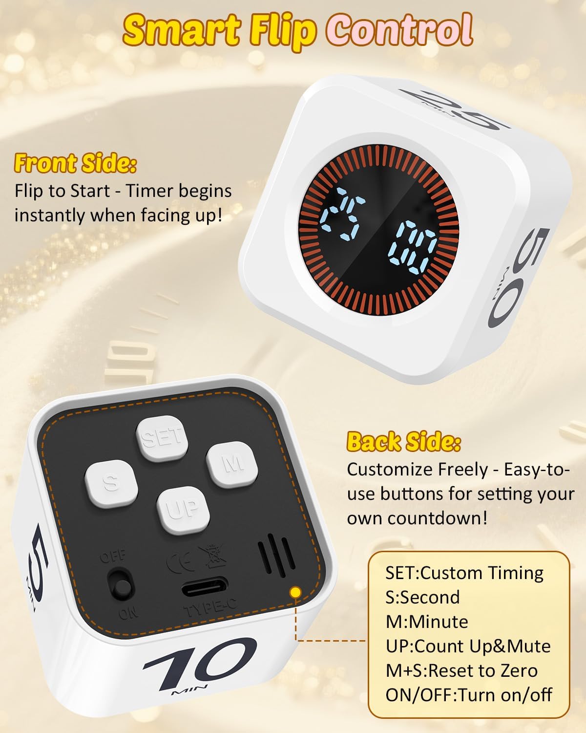 Digital Pomodoro Timer Cube 5/10/25/50min, Visual Productivity Flip Timer for Kids Classroom Desk, Custom Countdown, Silent and Sound Mode for ADHD Study Work Game Kitchen (White)
