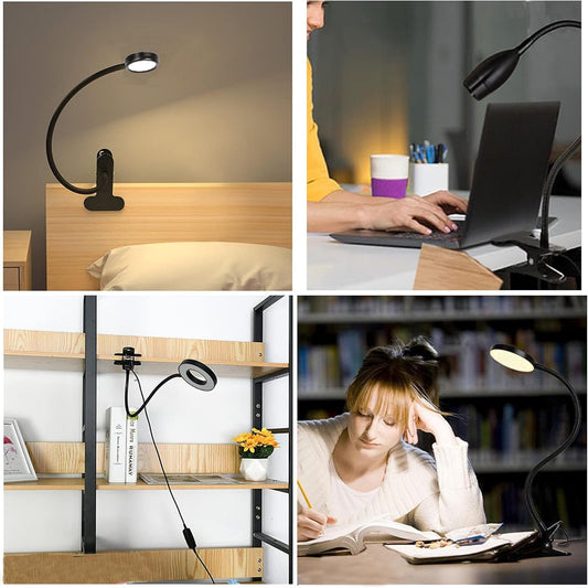 USB Clip-On Desk Lamp with 3 Color Modes, Adjustable Brightness, Flexible Gooseneck, 1 Minute Timer, Book Light for Kids Reading Book in Bed at Night Clip on Table, headboard, Dorm, Black