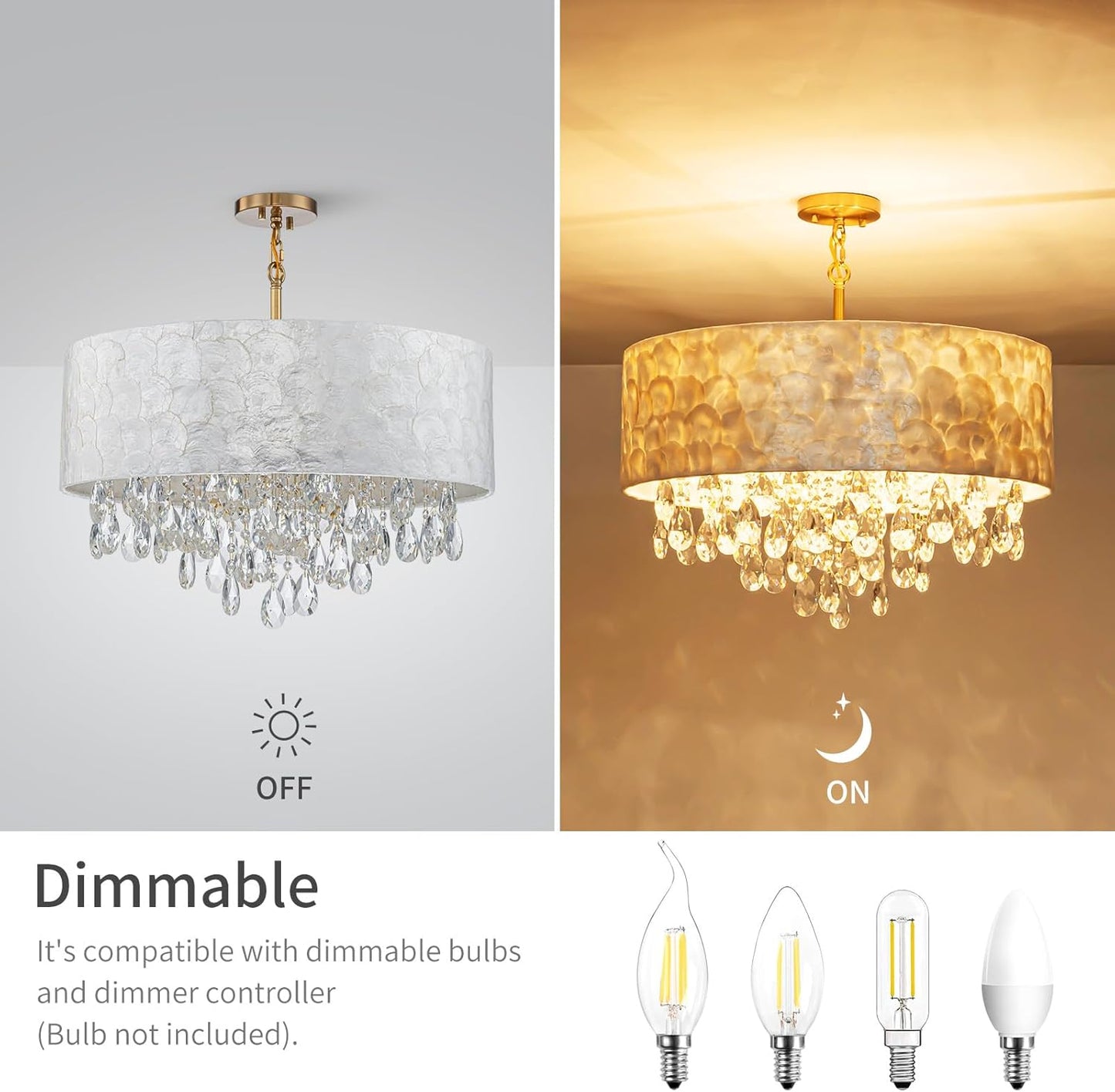 X-Large 6-Light Drum Capiz Shell Crystal Chandeliers, Coastal Style Pendant Light Fixture for Dining Room, Living Room, D24 x H23~71 inch(Adjustable), Shell Lampshade & Gold Finish