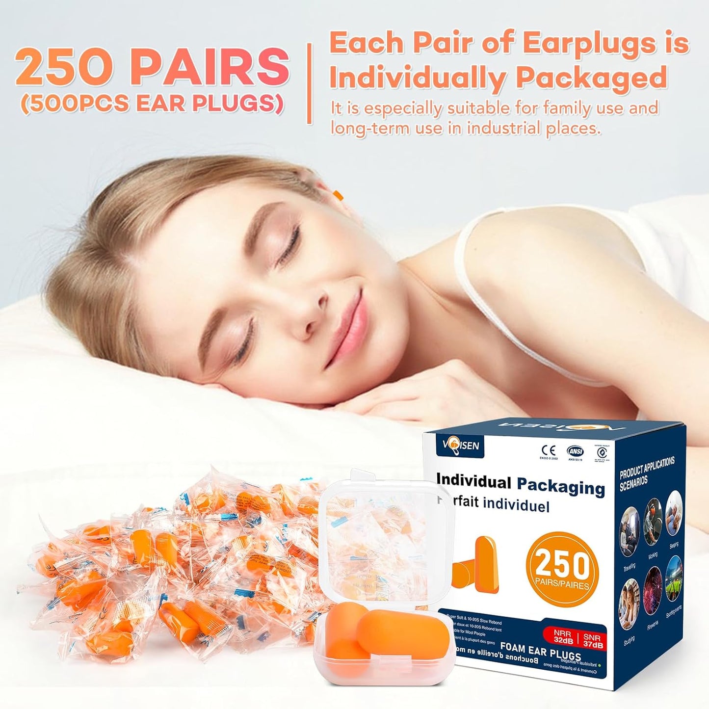 VOISEN Ear Plugs - 250 Pairs Noise Cancelling Ear Plugs for Sleeping, Snoring, Studying, Concerts & Traveling