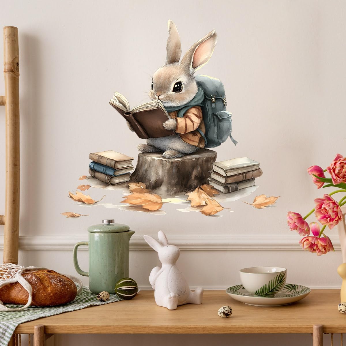 Bunny Reading Wall Decals Removable Animal Vinyl Stickers for Nursery Classroom Library and Kids Playroom Rabbit Decor Peel and Stick Wall Art