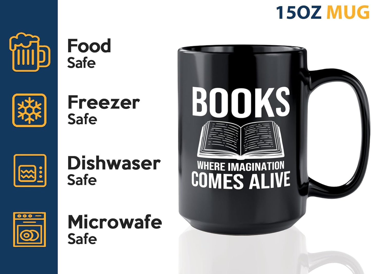 Book Lover Coffee Mug 15oz Black -Books Where Imagination - Bookworm Literature Library Book Lover Reader Booked Editor Intellectual Studious