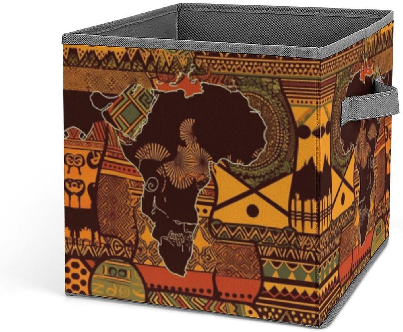 African Map Ethnic Pattern Storage Bins with Handles Fashion Large Storage Cubes Sturdy Foldable Storage Boxes Space-Saving Storage Baskets for Home Office Clothes Closet Organizers