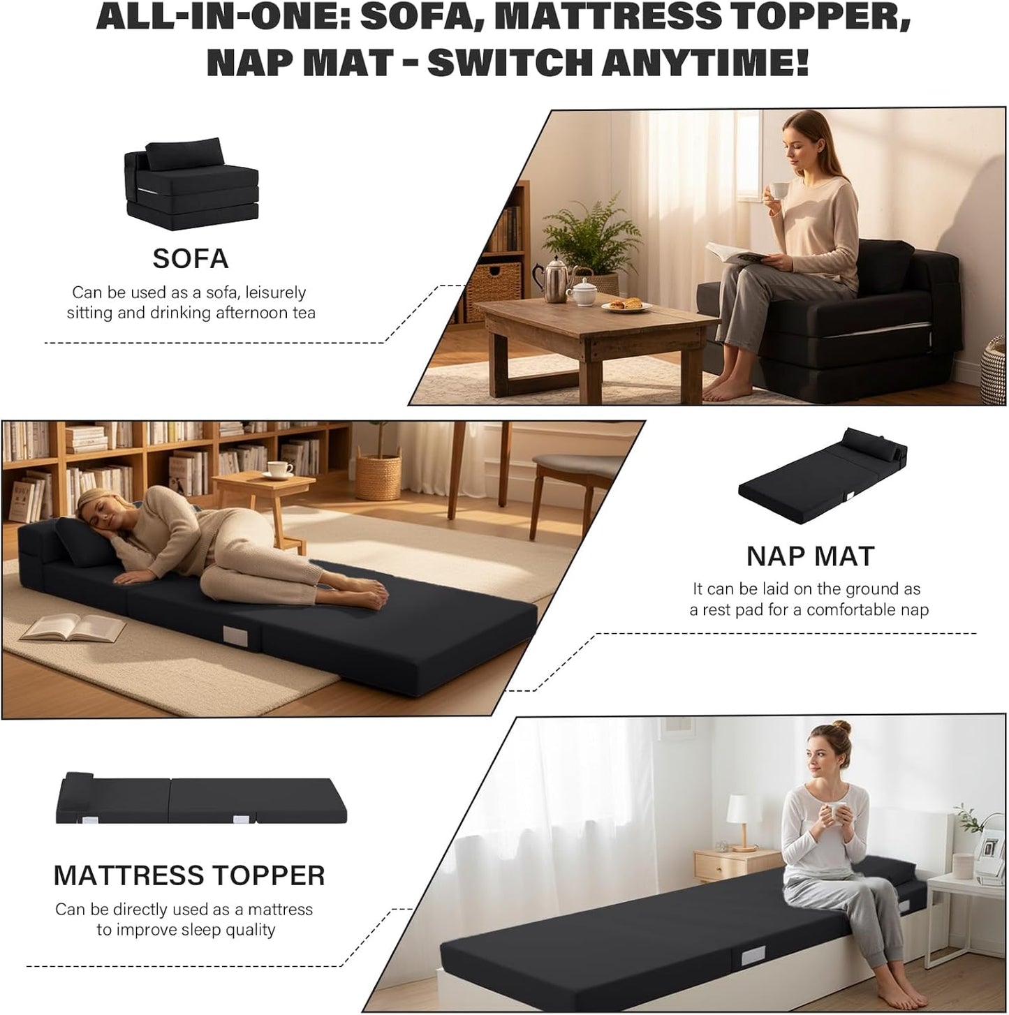 Tiita Folding Sofa Bed-Convertible Sleeper Chair with Storage Bag, Tri Foldable Mattress with Pillow, Portable Fold Out Chair Bed Floor Sofa for Living Room/Dorm/Guest Use/Travel, Single Size, Black
