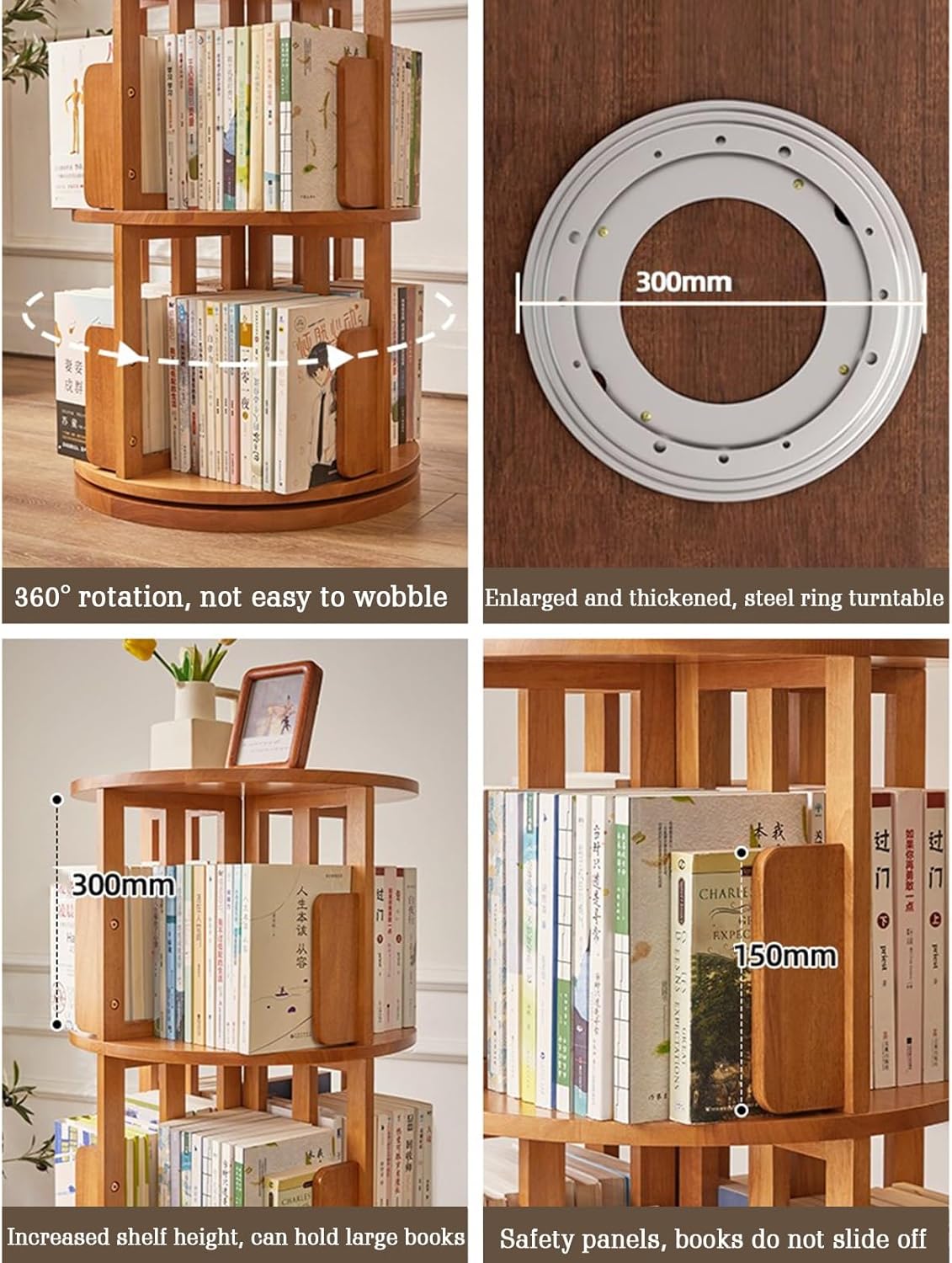 Rotating Bookcase, Multi-Layer Solid Wood Bookshelf, 360 Degree Design, Holds 300+ Books, Ideal for Home & Children's Rooms, Floor-to-Ceiling Storage Solution