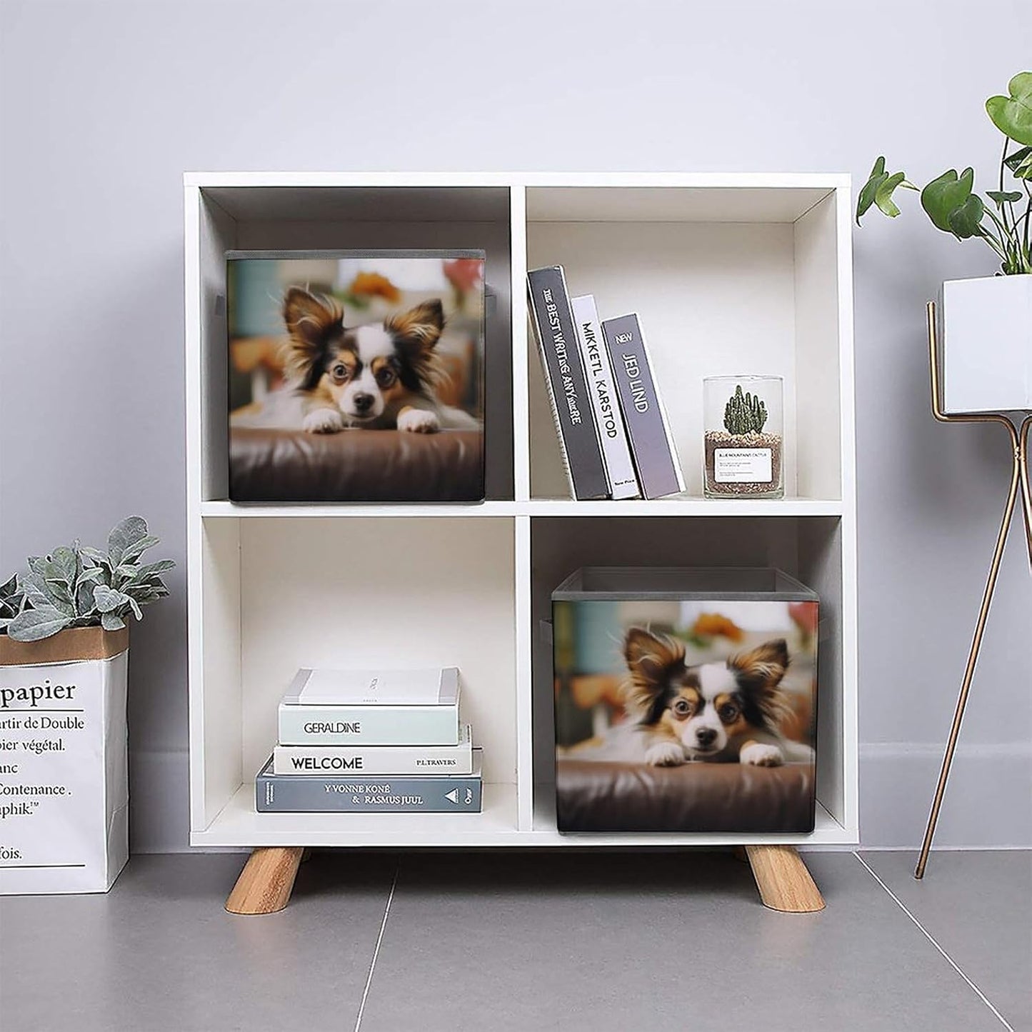 Papillon Lying on Tummy Storage Bins with Handles Fashion Large Storage Cubes Sturdy Foldable Storage Boxes Space-Saving Storage Baskets for Home Office Clothes Closet Organizers
