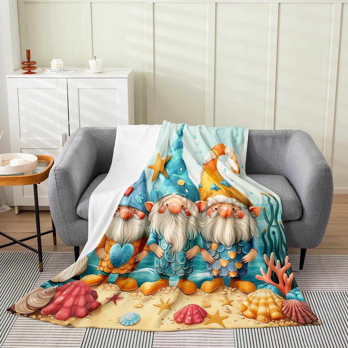 Erosebridal Summer Gnome Fleece Throw Blanket 40x50, Coastal Beach Gnomes Soft Flannel Blanket for Kids Boys Girls, Starfish Sea Shell for Sofa Bed Couch, Sea Ocean Theme Room Decor All Seasons