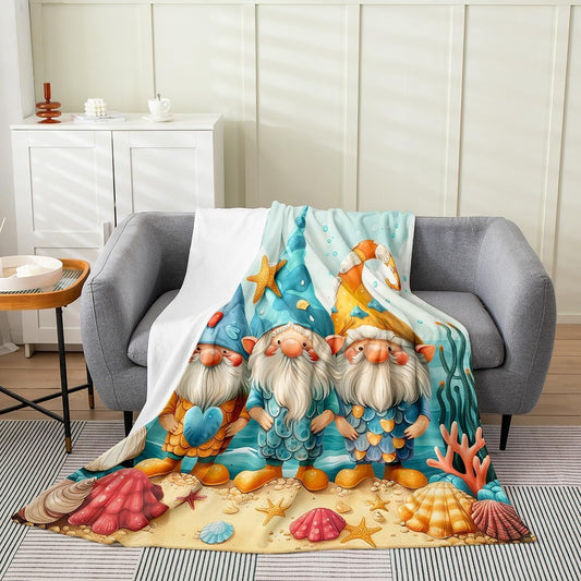 Erosebridal Summer Gnome Fleece Throw Blanket 40x50, Coastal Beach Gnomes Soft Flannel Blanket for Kids Boys Girls, Starfish Sea Shell for Sofa Bed Couch, Sea Ocean Theme Room Decor All Seasons