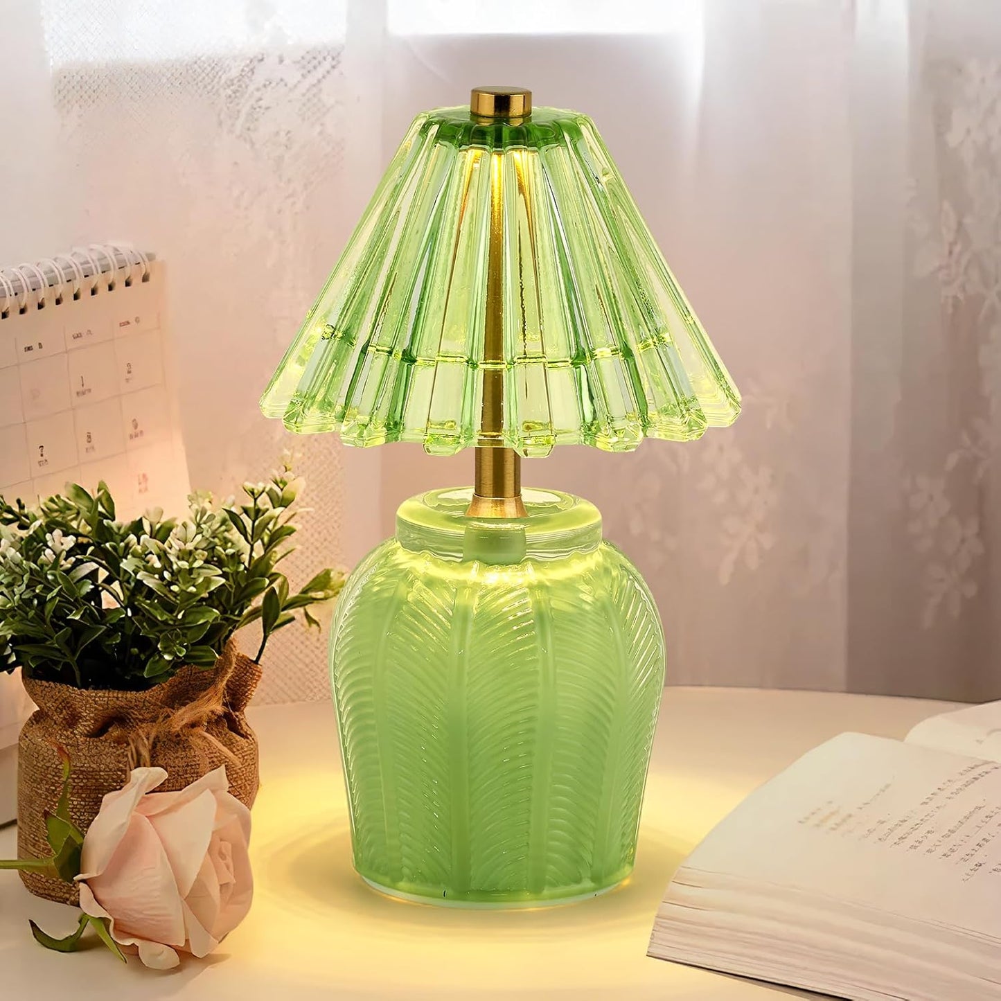 Small Battery Operated Lamp with Timer, Tiny Cordless Glass Table Lamp for Home Decor, Kitchen, Bathroom, Birthday Gift for Women, Cream Green
