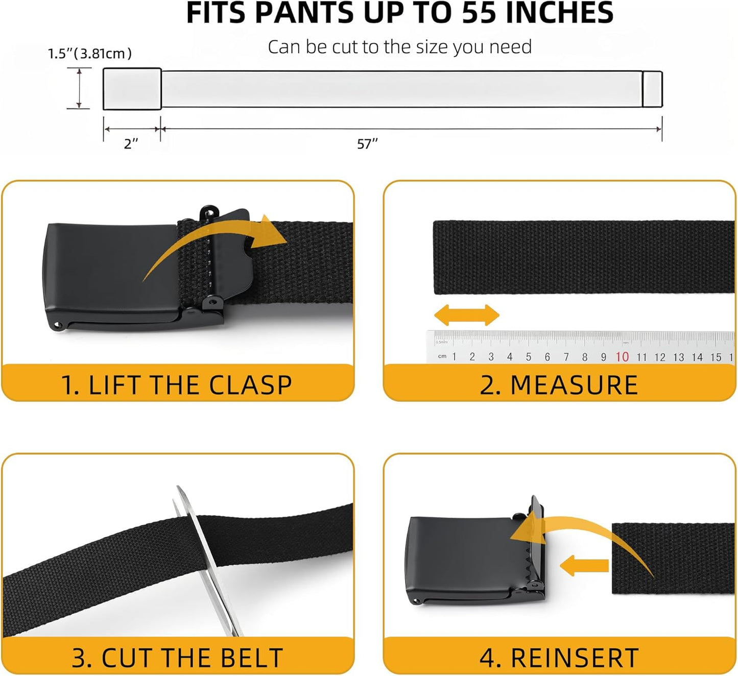 Mile High Life Cut To Fit Canvas Web Belt Size Up to 52" with Flip-Top Solid Black Military Buckle