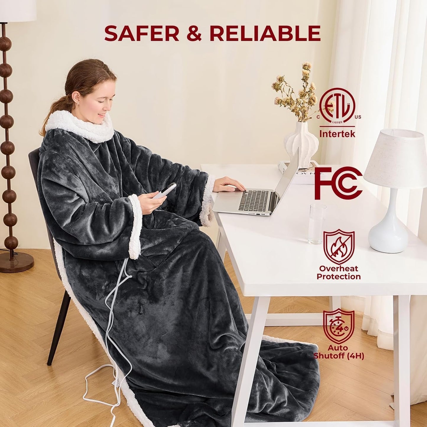 JOLLYVOGUE Wearable Heated Blanket - Heating Electric Blanket with Sleeves & Foot Pocket, Heated Throw for Adult, Birthday Gifts with 7 Heat Settings & fixed 4h Auto Shut-off (50*70 Inch, Dark Grey)