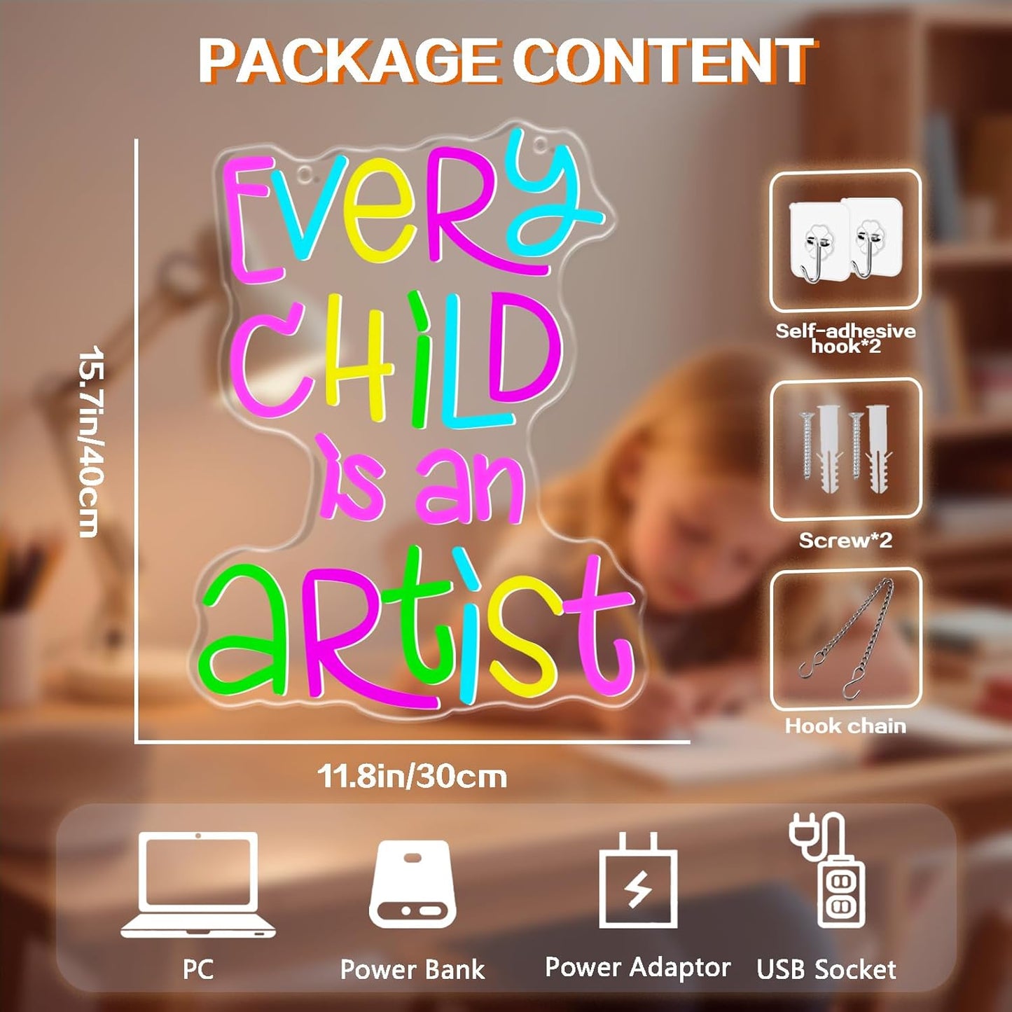 Every Child Is an Artist Neon Sign, Classroom Decor USB Powered Dimmable LED Word Light, Library Reading Corner & Home Study Wall Art, Teacher Gift, Easy Hang Acrylic Backboard