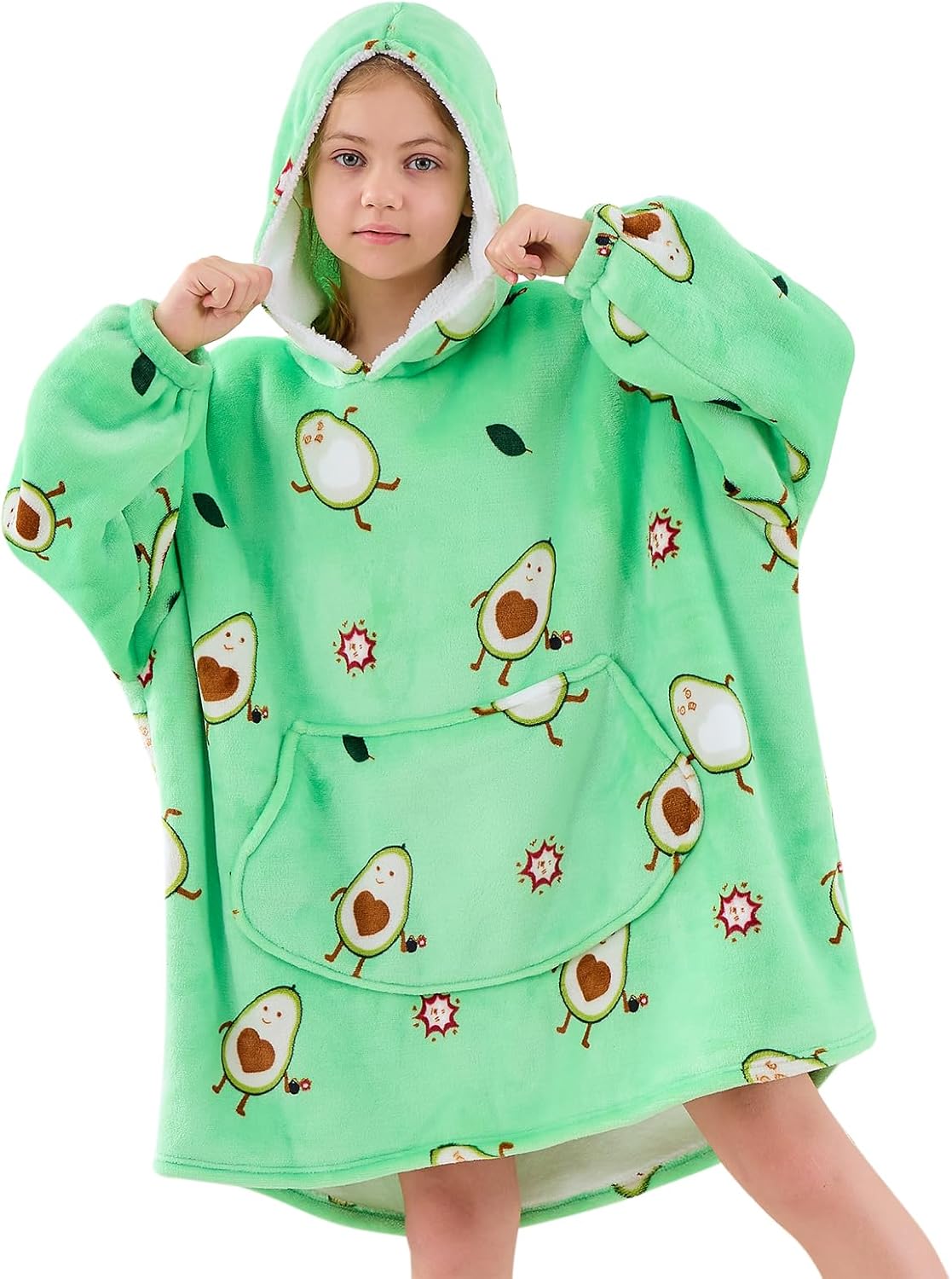 Moinlizy Wearable Blanket Hoodie for Kids 6-13Y, Oversized Thick Flannel Blanket Hooded with Pocket Sleeves