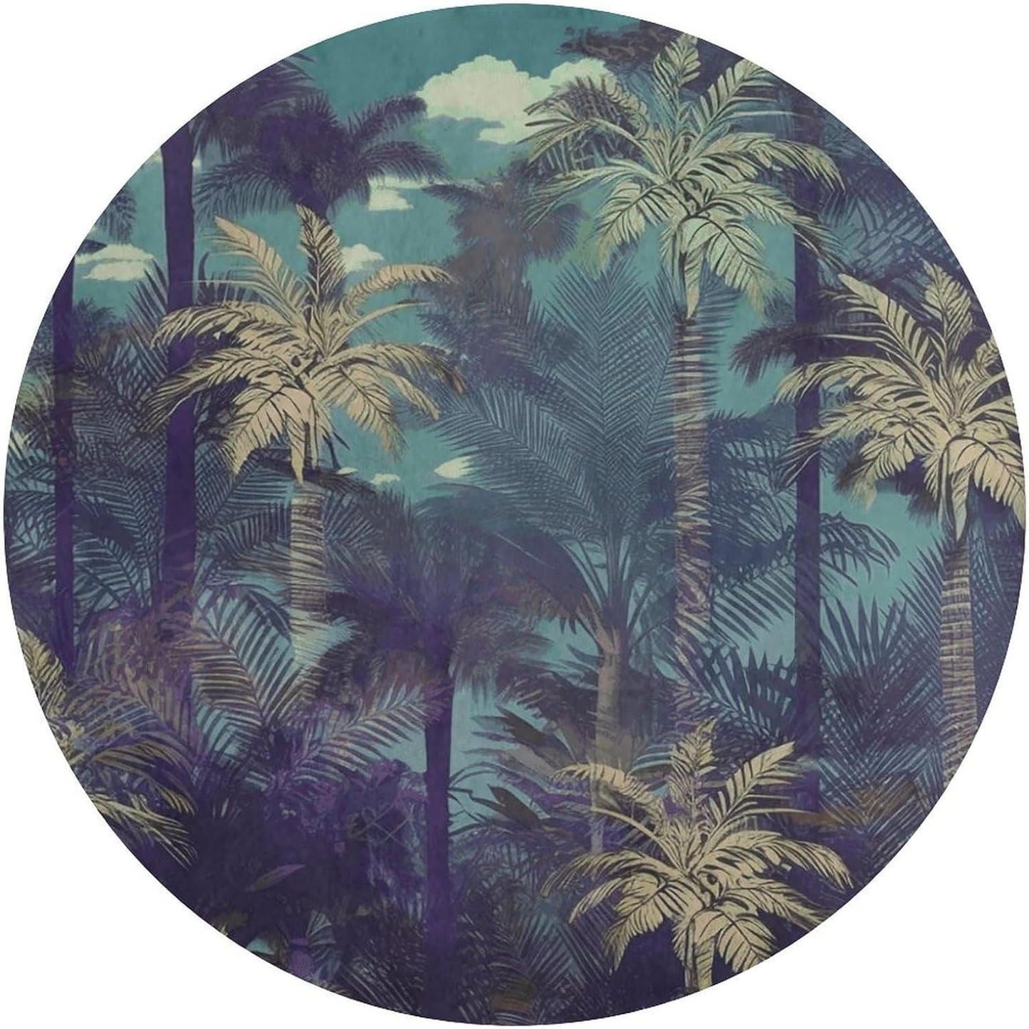 Fantasy Palm Tree Jungle Circle Rug Retro Luxury Coral Velvet Floor Mat Non Slip Soft Indoor Floor Carpet Comfy Thickened Area Rugs Modern Aesthetic Minimalist Carpets for Home Decor