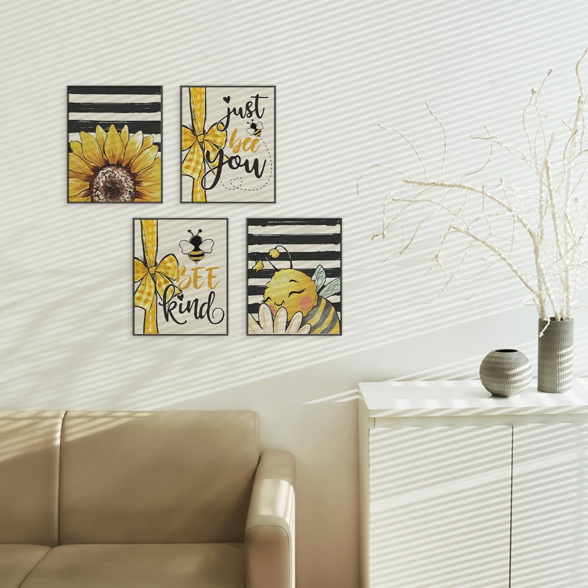 ETVISO Bee Decorations Summer Spring Yellow Wall Art Prints 8x10,Honey Bee Summer Decor For Home, Bee Kind Decor And Accessories Farmhouse Decorations Wall Art Prints,Living Room Set of 4 Unframed