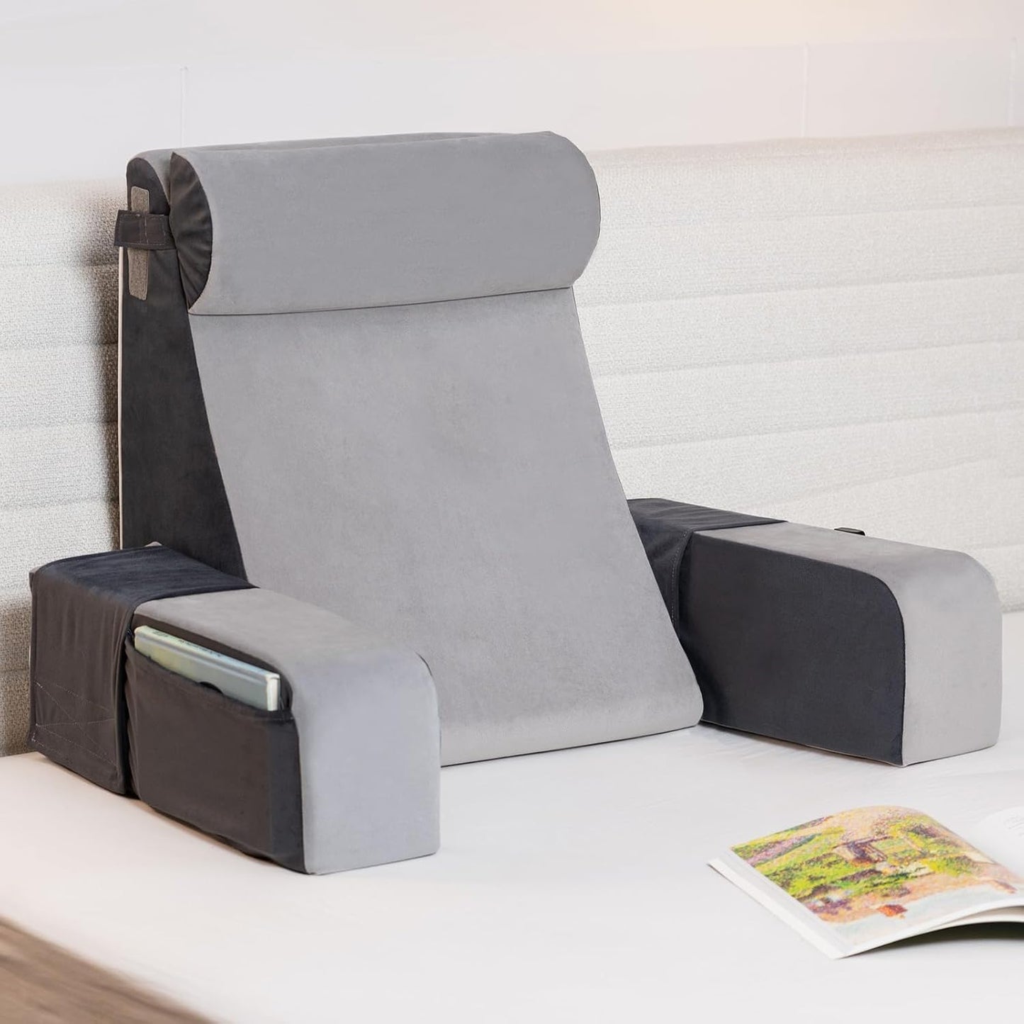 Reading Pillow for Bed — 21" 60° Ergonomic Wedge, XL Side Pockets, Removable Cover, Lightweight