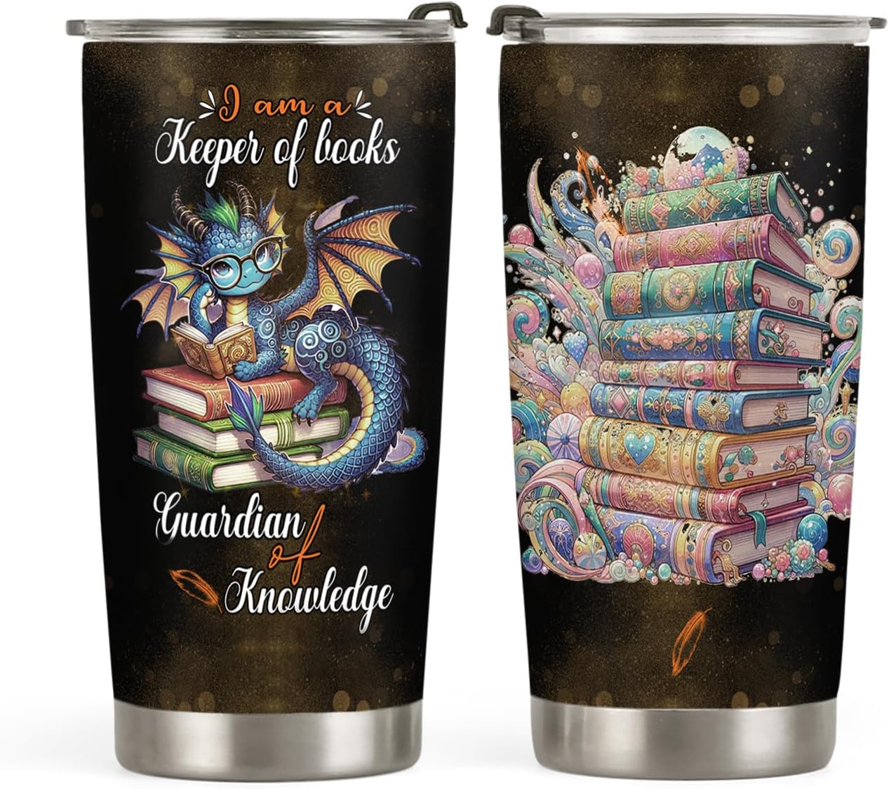 20oz Book Dragon Tumbler, Librarian, Reading Gifts for Dragon Lovers, Keeper of Books Guardian of Knowledge Coffee Tumbler, Stainless Steel Double Wall Vacuum Insulated Coffee Mug, Travel Cup with Lid