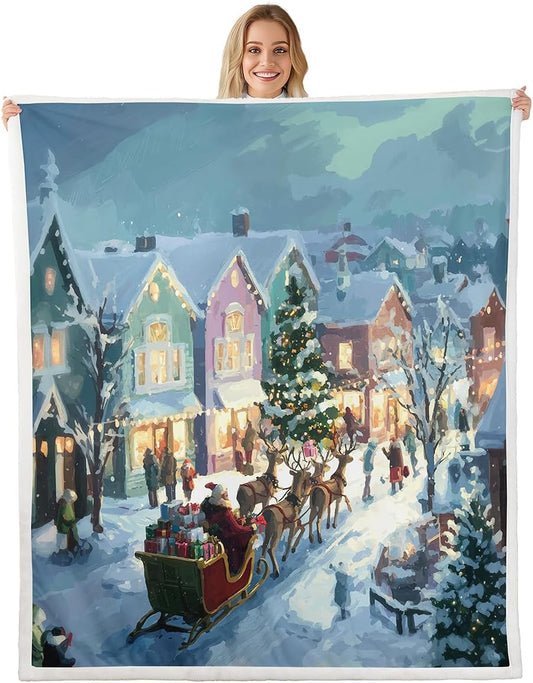 Feelyou Watercolor Christmas Sherpa Blanket Plush Fuzzy Santa Claus Fleece Throw Blanket Boys Girls Reindeer Sled for Bed Couch Chair Living Room Xmas Tree Bedroom Decor Throw 50"x60"
