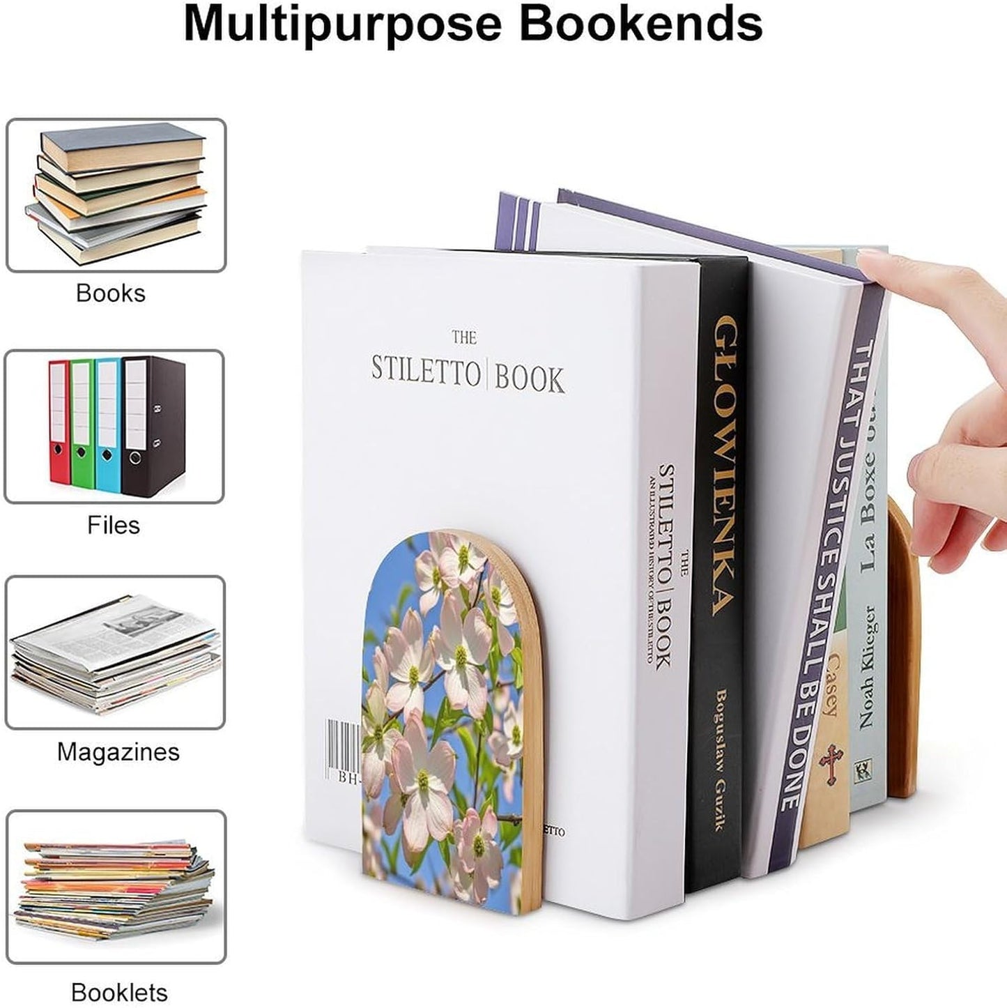 Spring Dogwood Blossoms Bookends 1 Pair Heavy Duty Book Ends for Shelves Non-Skid Bookend Supports Wooden Book Holders with Metal Base Desk Organizers Books Storage to Hold Books