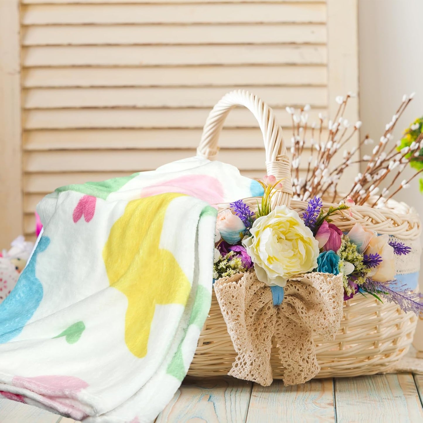 Easter Blanket Spring Bunny Rabbit Eggs Soft Flannel Colorful Decorative Throw Blanket Decor Holiday Square Birthday Gift for Home Couch Sofa Bed Room Decoration, 50x60 Inch