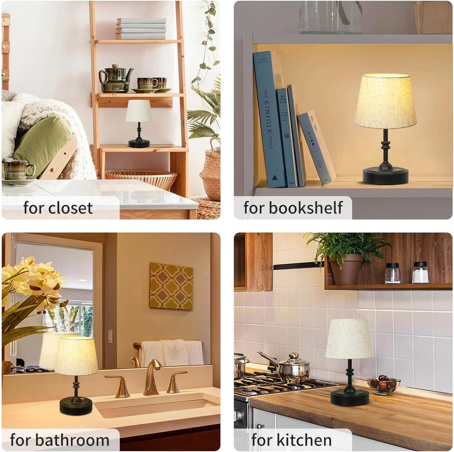 ONEWISH Small Cordless Lamp, Battery Operated Table lamp Dimmable, 4000mAh Rechargeable, Touch Bedside Lamp with Beige Linen Shade, 2700K Bulb Included, for Dining, Patio, Bathroom(Black)