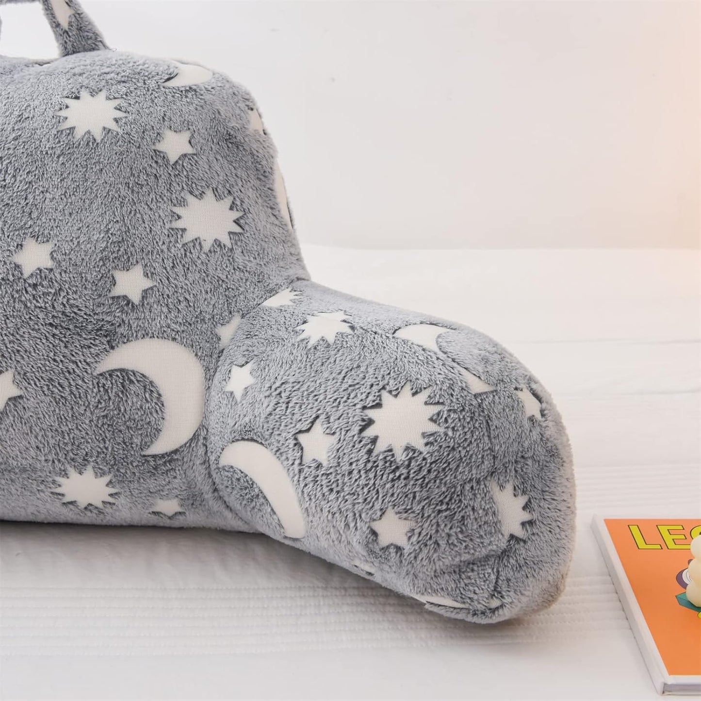 A Nice Night Star Moon Plush Reading Pillow Glow in The Dark Bed Wedge Children Backrest with Arms Back Support for Sitting Up in for Bedrest,Grey