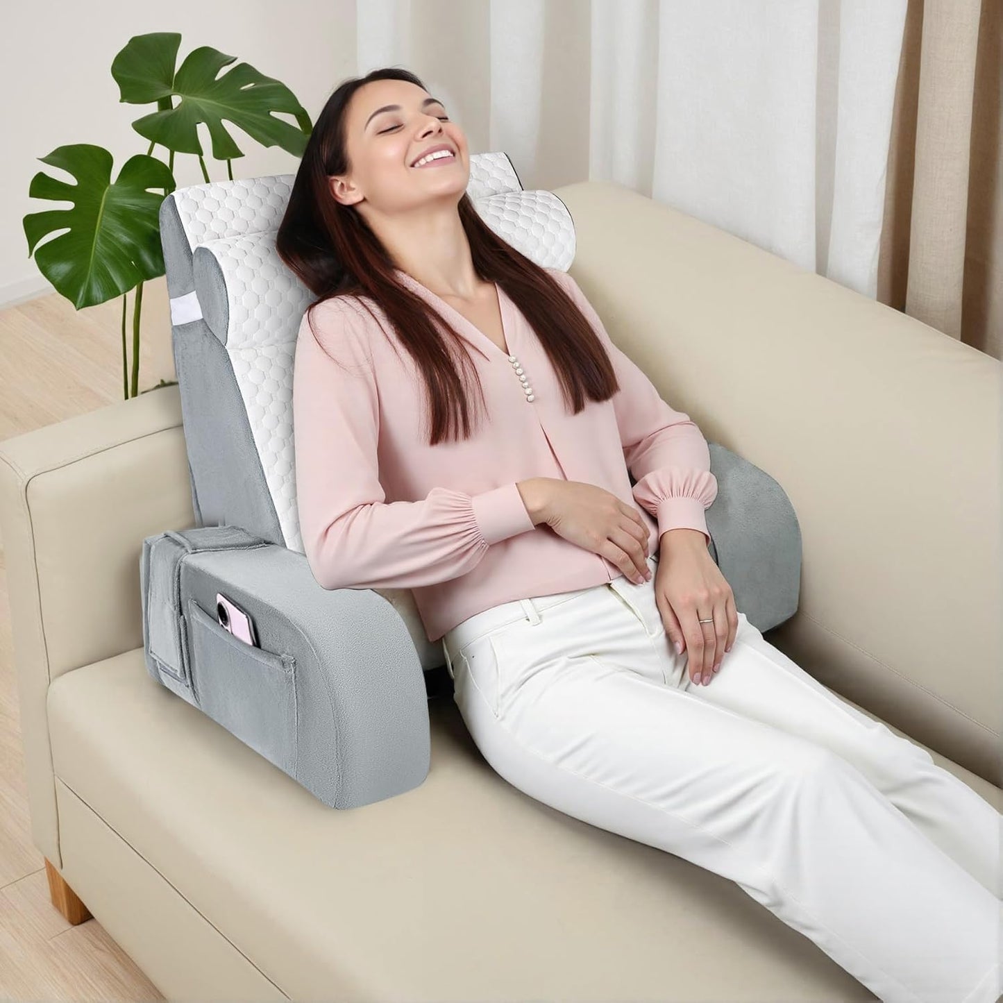 LEBENGURU Reading Pillow for Sitting in Bed Adult, Back Support Pillow with Detachable Headrest & Armrests for Watching TV in Floor,Bed Chair Backrest Pillow for Working/Relaxing/Gaming