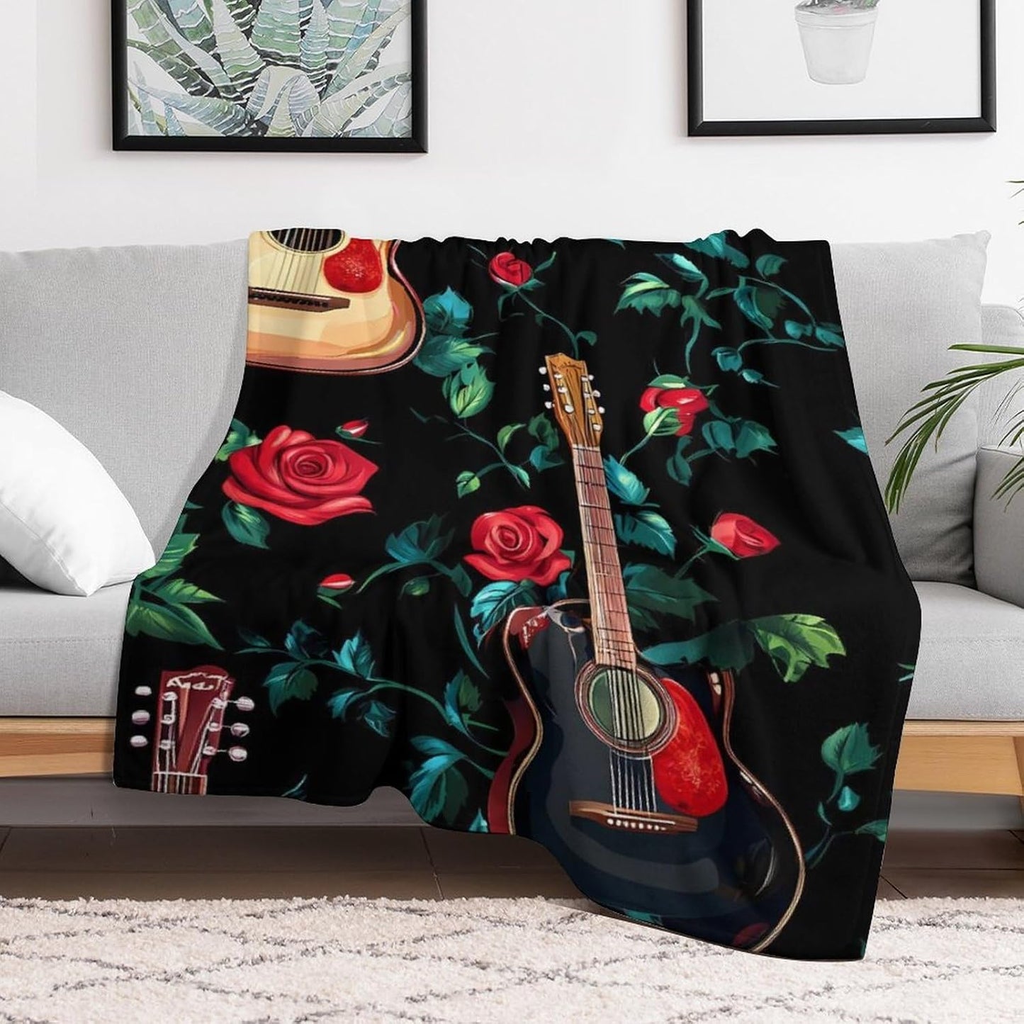Guitar Rose Throw Blanket for Couch Bed Plush Cozy Fuzzy Flannel Blanket for All Season 30"x50"