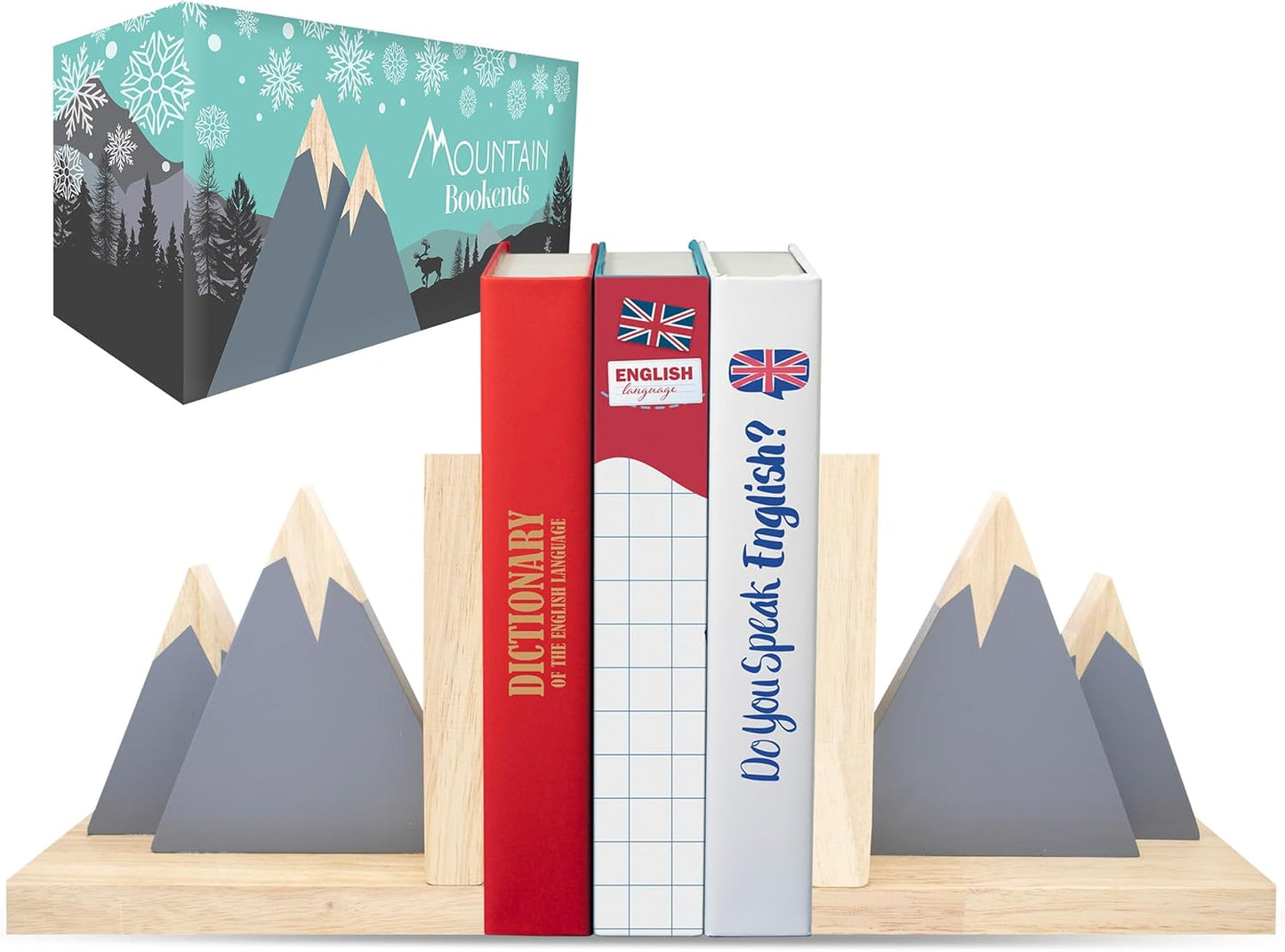 Decorably Gray Mountain Book Ends for Kids Books - 1 Set Non-Skid Wooden Decorative for Girls and Boys Room, Baby's Nursery, Classroom Decor