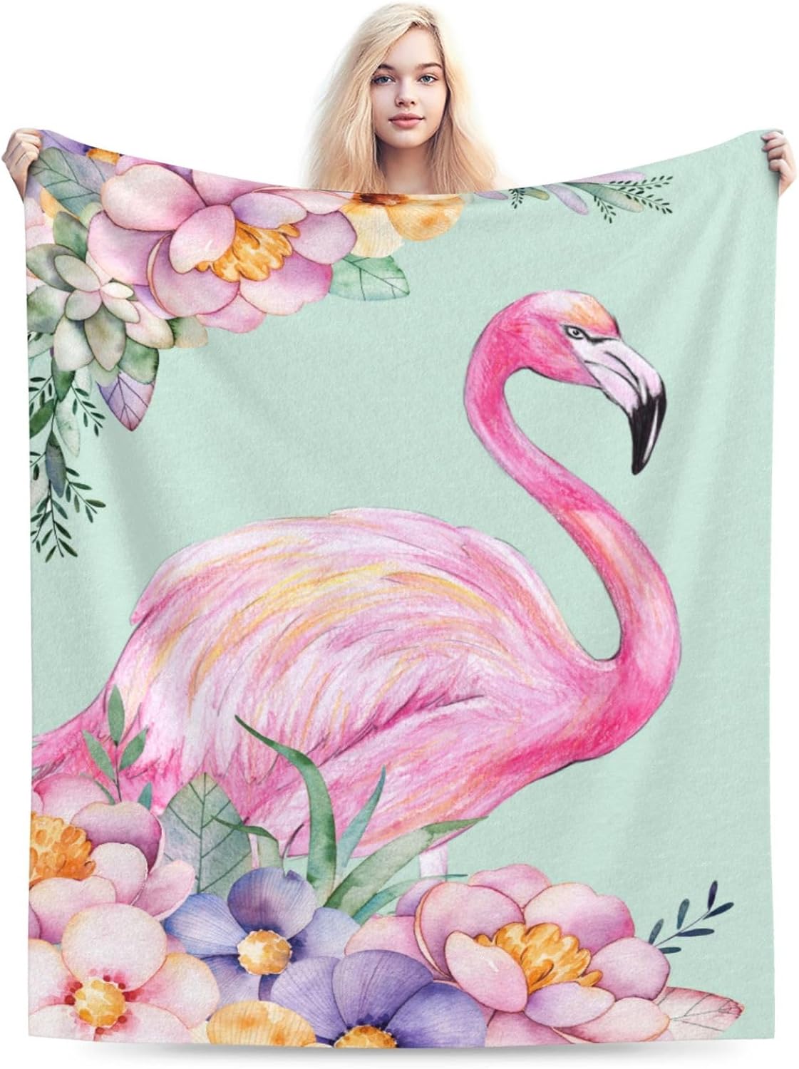 Pink Flamingo Watercolor Floral Bed Blanket Ultra Soft Throw Blanket All Season Warm Light Weight Cozy Plush Blankets for Home Bedroom Sofa Chair Travel, 50"X40"