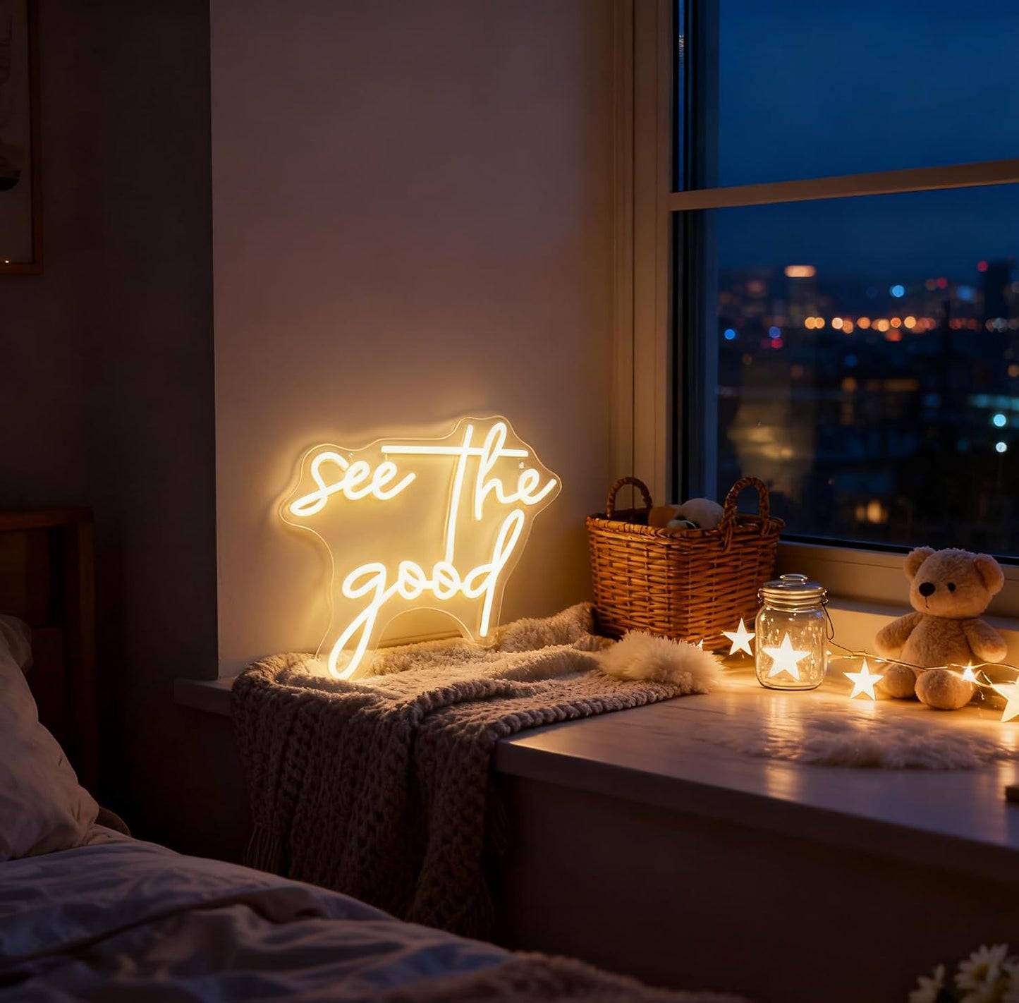 See the Good Neon Sign, Inspirational Quote White LED Neon Light, USB Powered Decorative Light for Home Bedroom Living Room Office Wall Table Decor 9.1 x 16.9 In