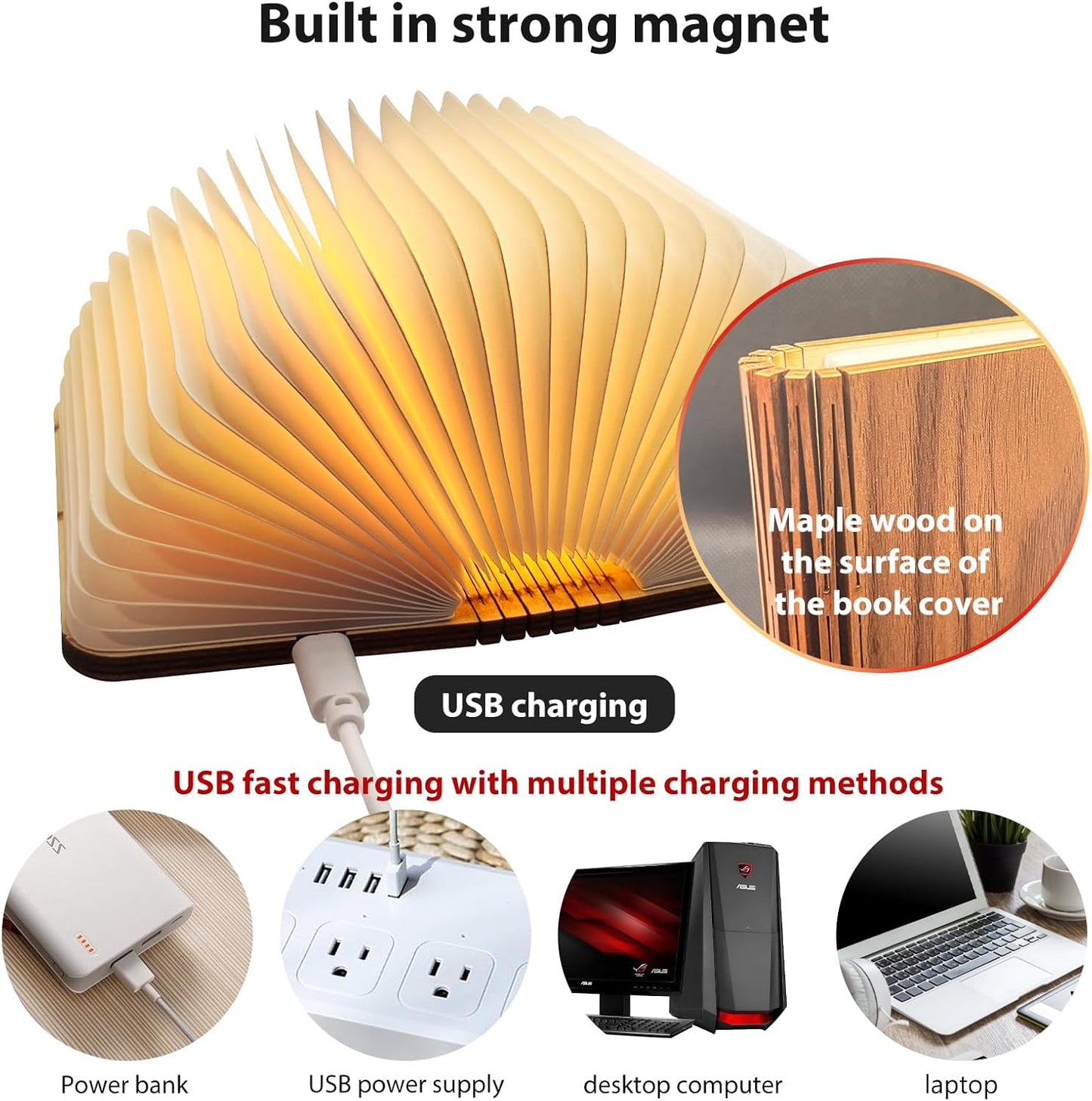 Folding Book Lamp, Wooden Book Light,Book Lovers Gifts,Portable USB Rechargeable Night Light, Home Office Decoration Gift LED Book Light for Home Decor Birthday Gift